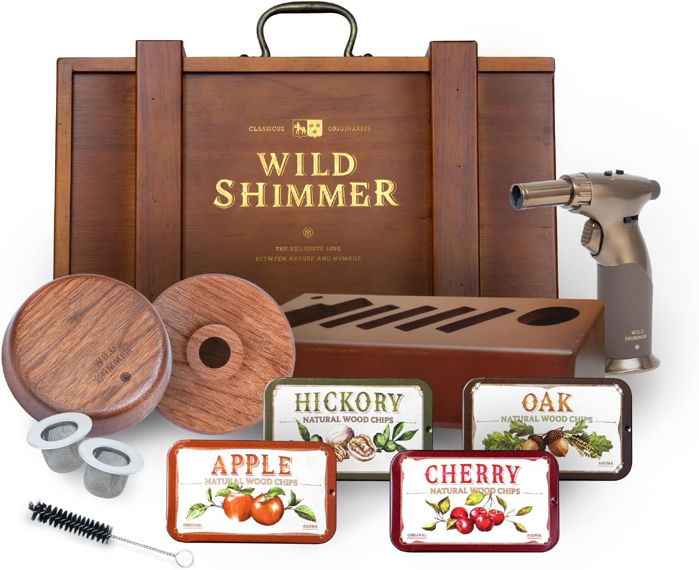Cocktail Whiskey Smoker Kit with Torch, Wooden Box & Stand | Premium USA Walnut Smoker & 4 Flavors Natural Wood Chips | Old Fashioned Smoker Kit | Bourbon Gifts for Men