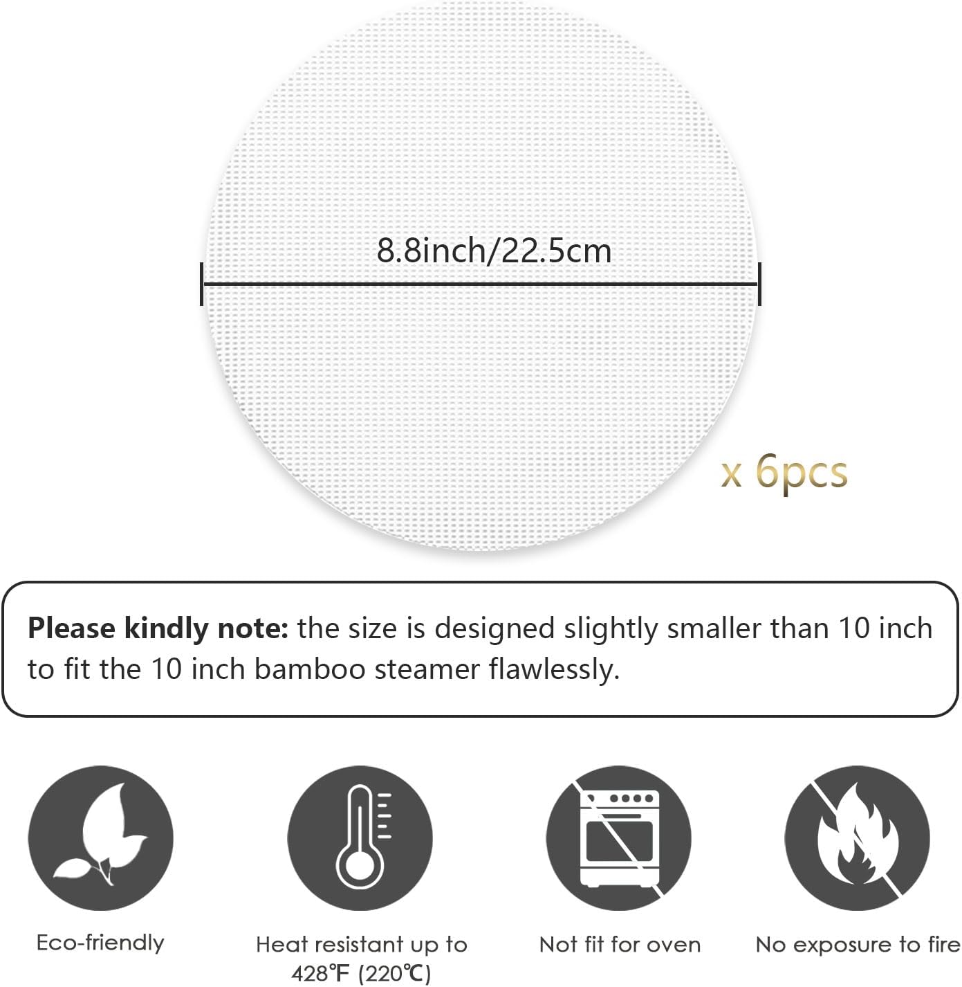 Bamboo Steamer Silicone Liners 10-Inch 6Pcs, BPA Free, Reusable & Non Stick for Food Steamer, Air Fryer, Steaming Dumpling Dim Sum Vegetable, Round Mesh Parchment Baking Sheet Paper