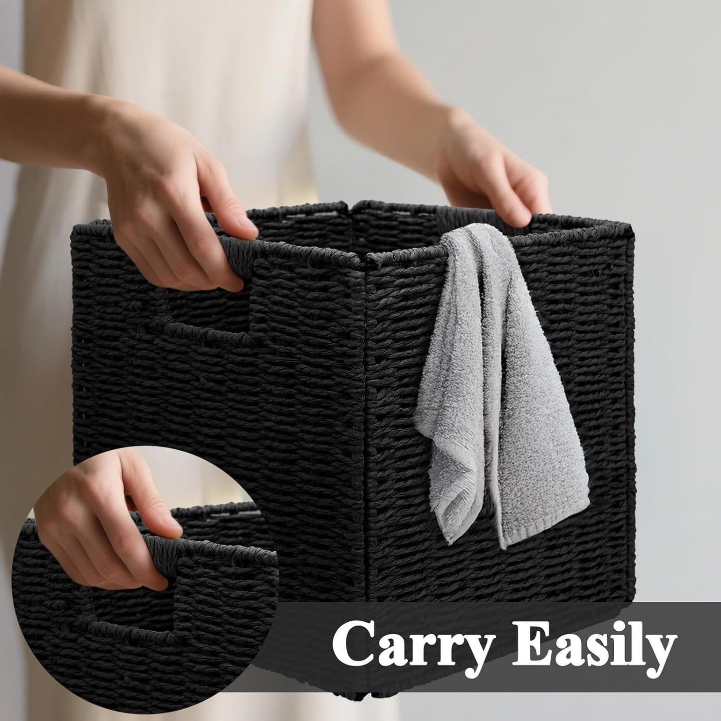 Wicker Storage Baskets for Organizing, 3 Pack Rustic Foldable Square Basket for Shelves, Handwoven Cubby Organizer Bins for Home Decor, Small Cube Storage Bin for Closet Organization (Black 11 inch)