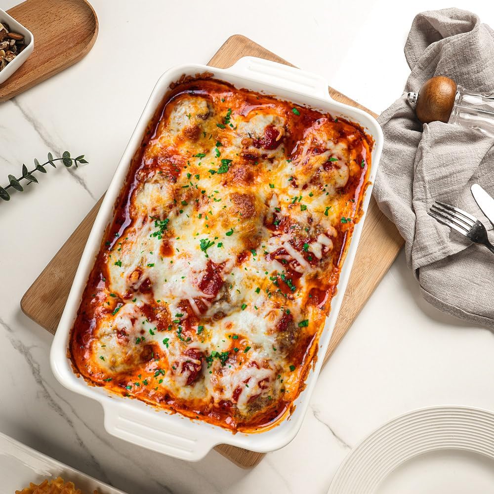 Casserole Dishes for Oven,9x13 Ceramic Baking Dish,4.2 Quarts Large Lasagna Pan with Handles Deep and Large Capacity,Durable Bakeware for Lasagna, Home Decor, Wedding Gift, White
