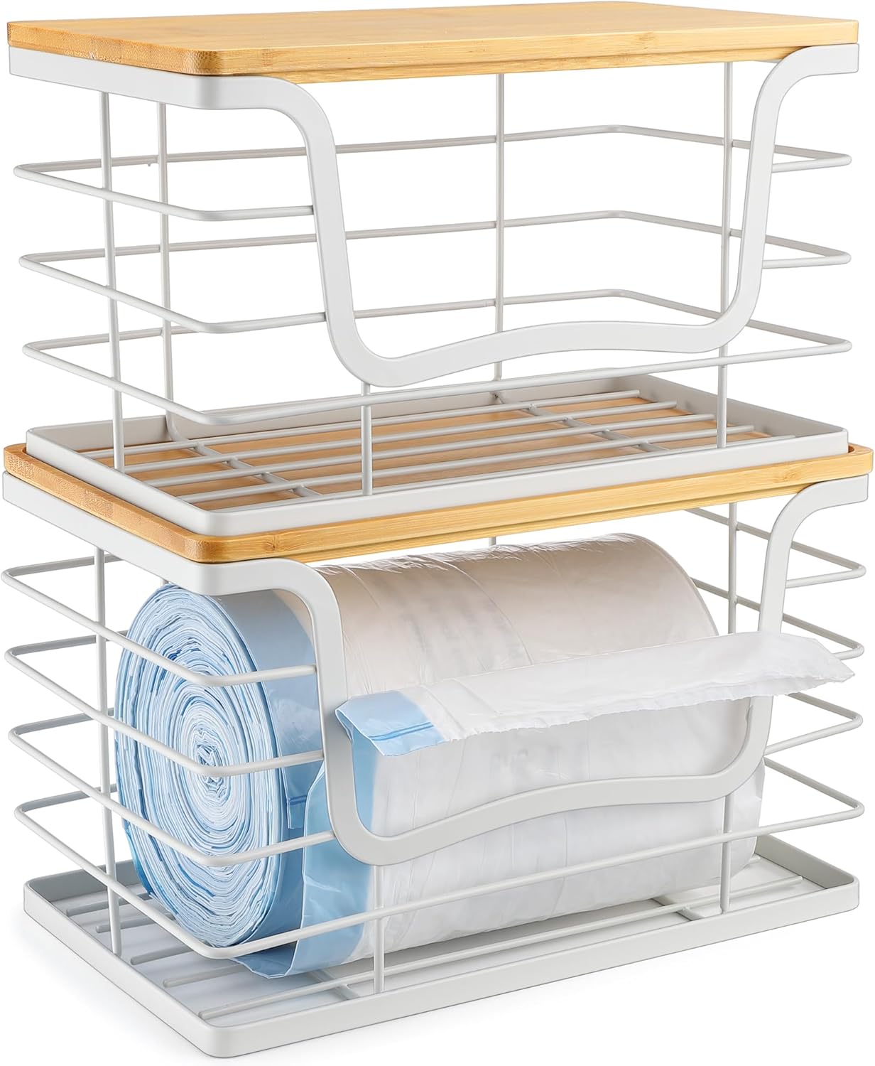 Trash Bag Dispenser Holder for Kitchen 2 Pack White Garbage Bag Organizer Wall Mount Stackable Bin with Bamboo Lid for Countertop, Under Sink, Laundry Room