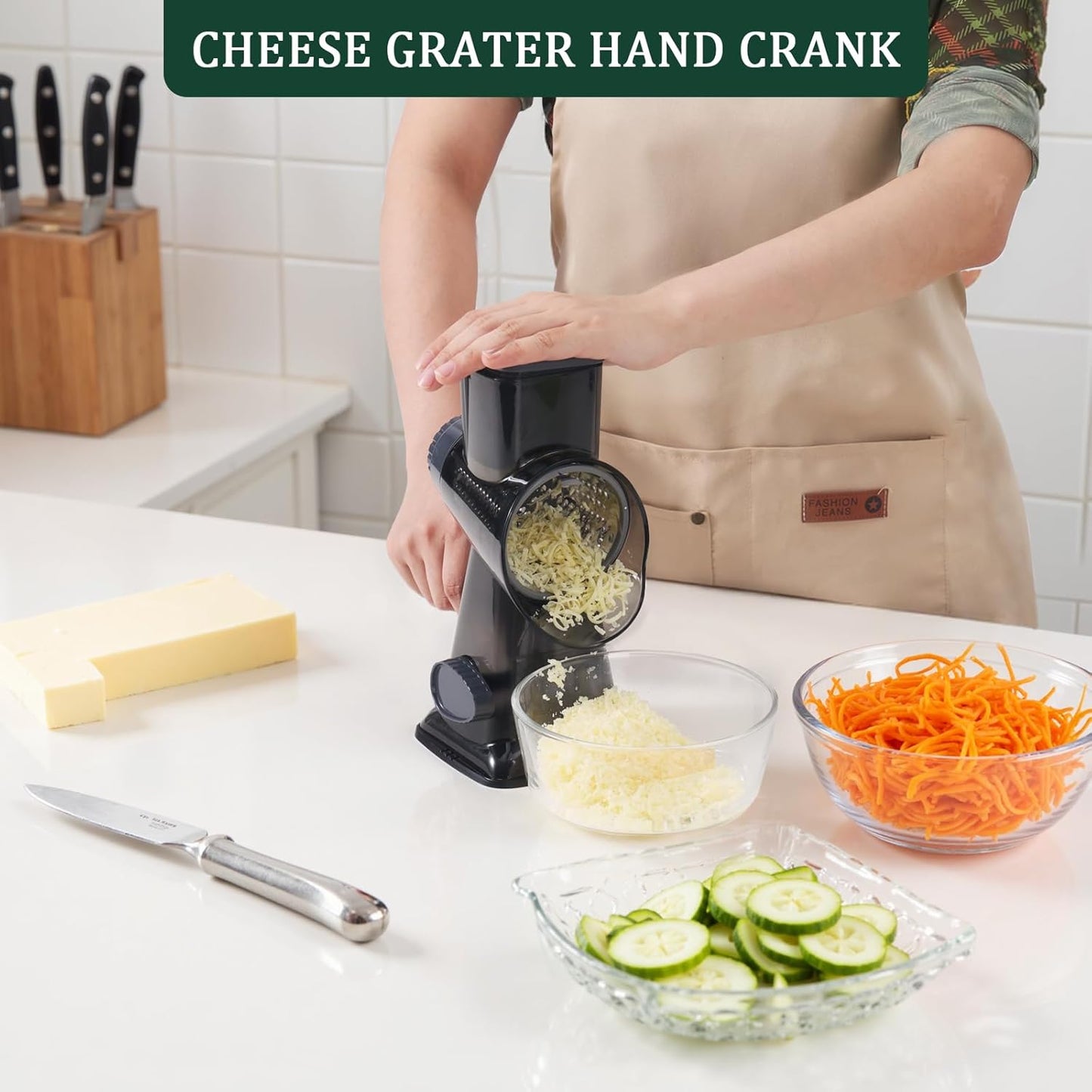 HANSGO Rotary Cheese Grater, Hand Crank Cheese Shredder, Vegetable Slicer for Kitchen, 3 Interchangeable Blades for Potatoes Carrots Onion Zucchini Nuts Chocolate Fruits, Black