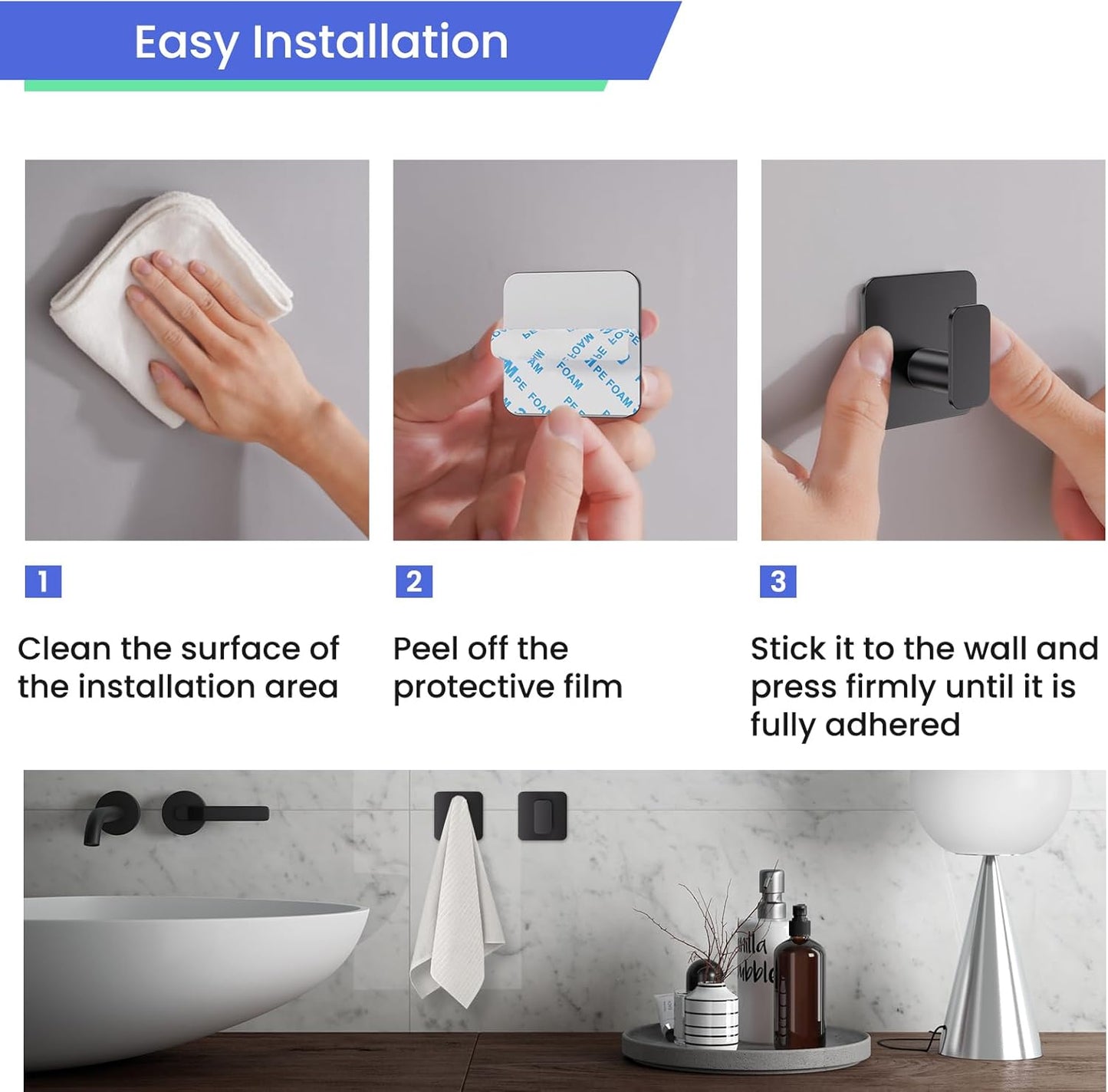 Black Hooks for Hanging Heavy Duty, Adhesive Hooks for Shower, Bathroom, Kitchen, Robe, Towel, Coat, Waterproof & Rustproof Hook for Walls No Damage, Stainless Steel Sticky Hook - 4 Pack