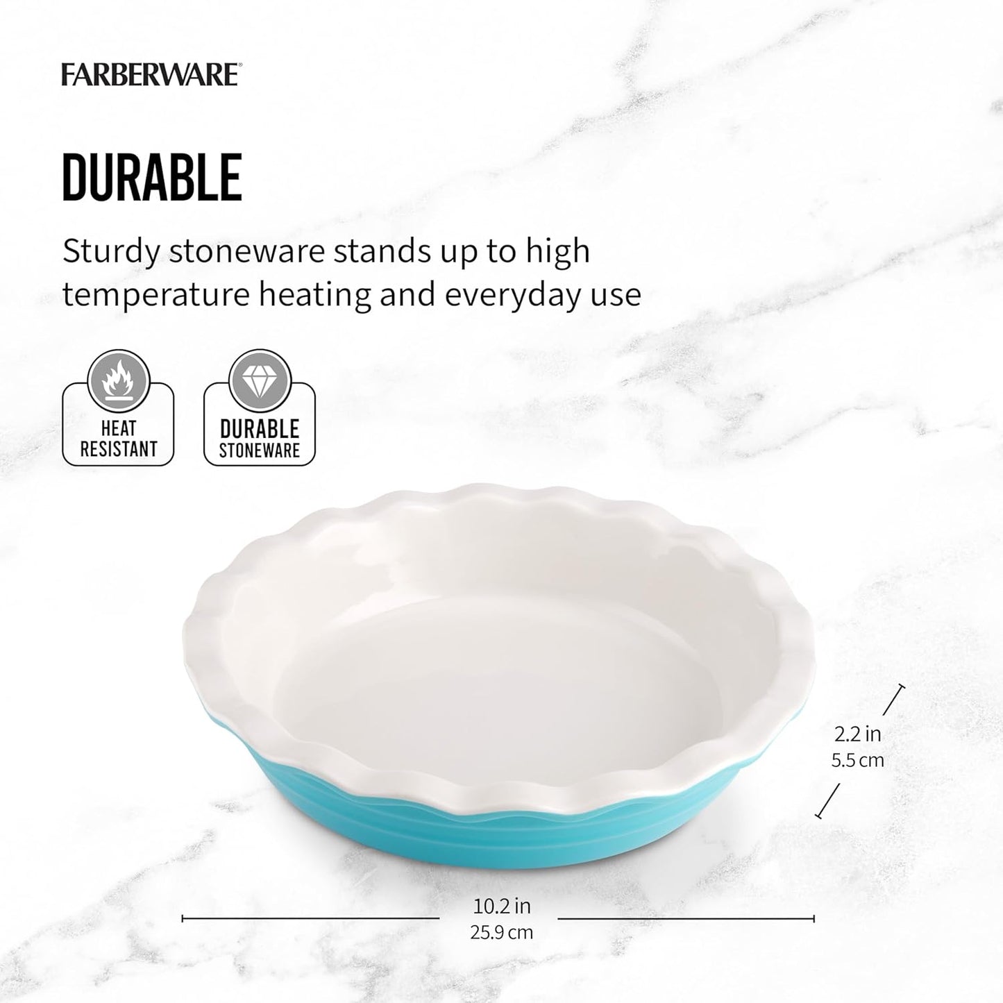 Farberware Bakers Advantage Durable Stoneware Ceramic Pie Dish, Ideal for Making Sweet and Savory Dishes, Heat Resistant, 10 Inch, Teal