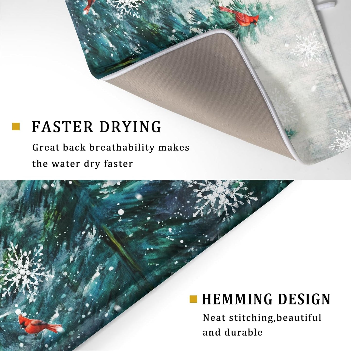 Pine Tree Dish Drying Mat for Kitchen Countertop Red Bird Dishes Mats Winter Decorative Absorbent Reversible Drainer Rack Pad 18x24 Inch