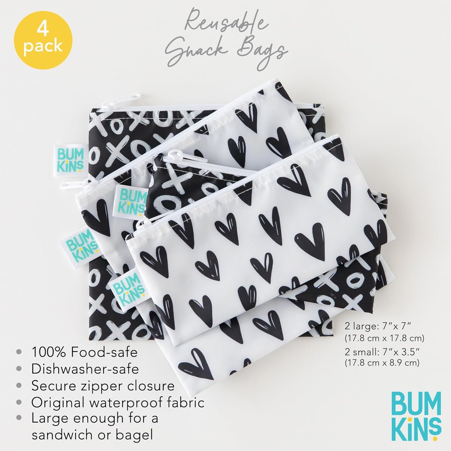 Bumkins - Cloth Snack & Sandwich Bags - For Storage, Travel, Food Prep, Lunch - Reusable, Water Resistant, Washable, Dishwasher Safe - Snack Bags for Kids - Zipper Closure - Black Hearts - 4 Pack