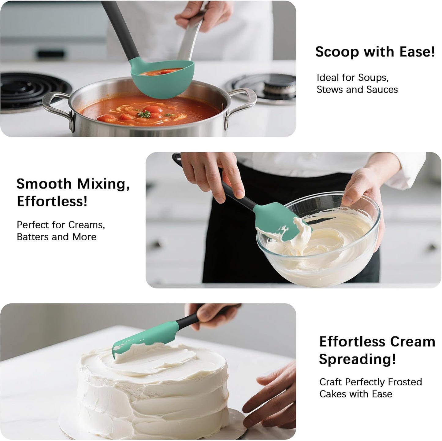 Coukre Silicone Kitchen Cooking Utensils Set with Holder – Heat-Resistant, Food-Grade Kitchen Tools, Spatula, Spoon & Gadgets for Non-Stick Pans, Dishwasher Safe (14, AquaGreen)