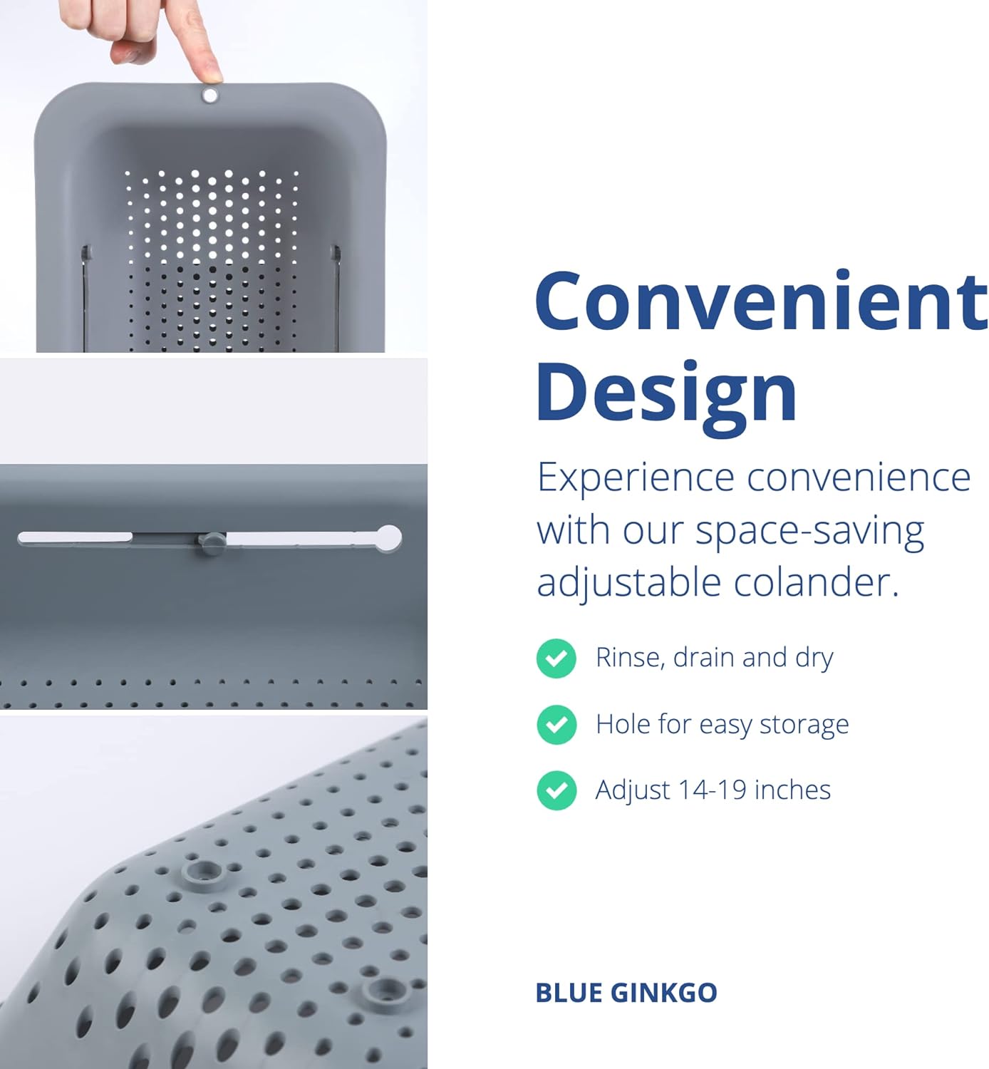 BLUE GINKGO Sink Colander Baskets - (Pack of 2) Wash Vegetables and Fruits, Drain Cooked Pasta and Dry Dishes - Extendable - New Home Kitchen Essentials (2 Grey)