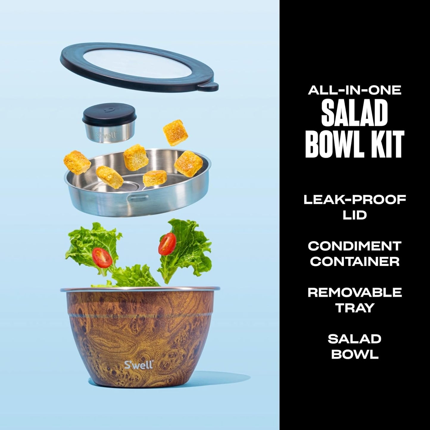S’well Stainless Steel 64oz Salad Bowl Kit, Teakwood Finish, Includes 2oz Condiment Container and Removable Tray, Leak-Proof and Easy to Clean, Dishwasher Safe