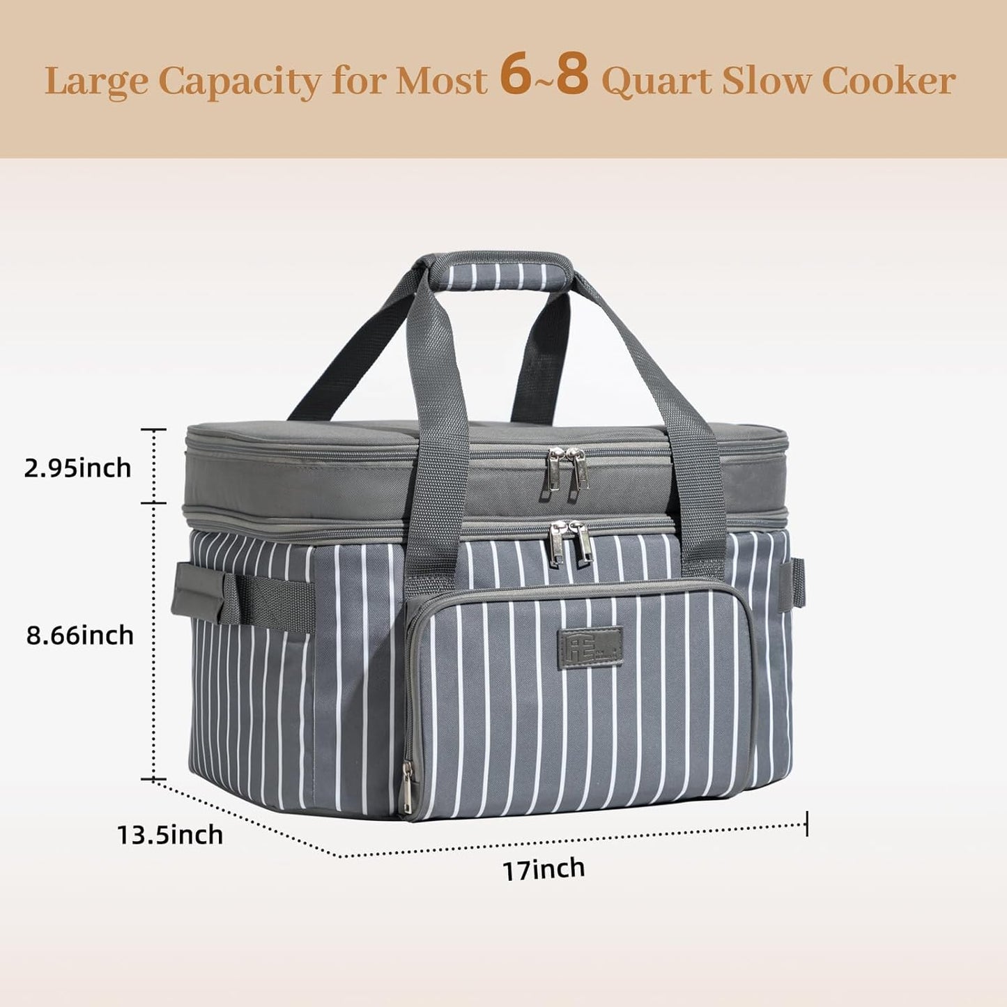 Fun Elements Double Layer Slow Cooker Carrier Bag for 6-8 Quart Oval Crock-Pot, Insulated Crock Pot Travel Bag with Support Pad and Adjustable Straps, Top Zip Compartment and Front Pocket for Utensils