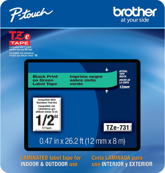 Brother Genuine P-touch, TZe-731CS, 0.47” x 26.2’, Black on Green Laminated Label Tape