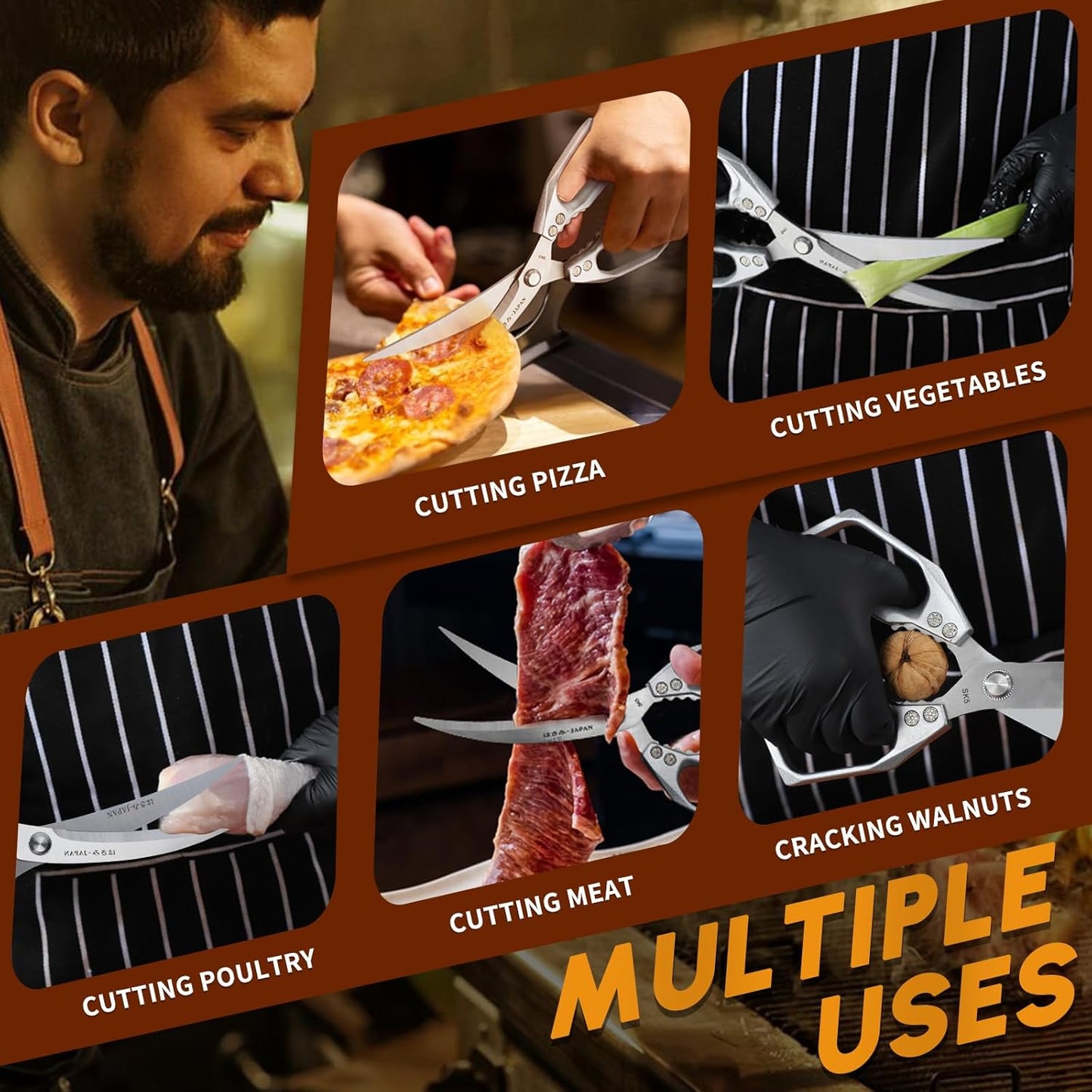 HUUSK Kitchen Scissors Silver - Stainless Steel Kitchen Shears for Food, Japanese Cooking Scissor, Sharp Meat Scissors Dishwasher Safe, Heavy Duty Poultry Shears for Chicken Bones, and Turkey