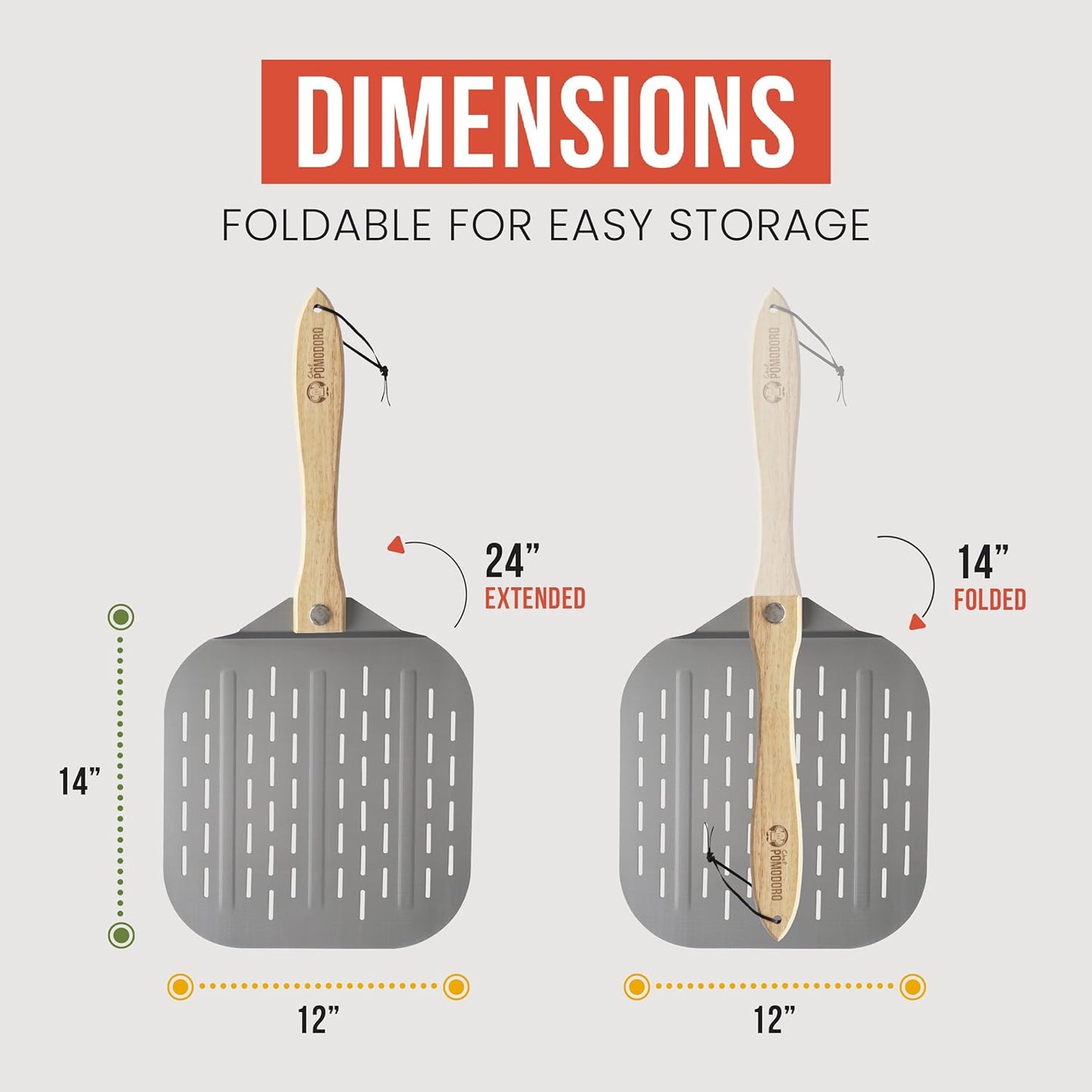 Chef Pomodoro Perforated Aluminum Metal Pizza Peel with Foldable Wood Handle for Easy Storage, Premium Pizza Paddle with Holes for Baking Homemade Pizza and Artisan Breads (12 inch)