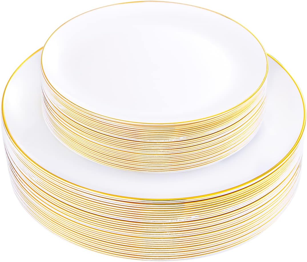 KIRE 60PCS Gold Plastic Plates - Heavy Duty White Disposable Plates with Gold Rim for Party/Wedding- Include 30Pieces 10.25inch Dinner Plate and 30Pcs 7.5inch Dessert Plate