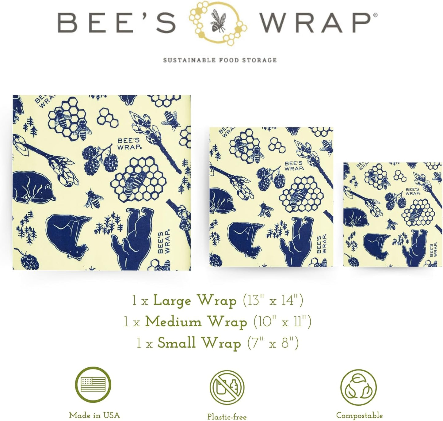 Bee's Wrap Beeswax Wraps for Food - Bees + Bears 3 Pack (S, M, L) Made in USA Reusable & Organic Food Wraps, Sandwich Wrap & Bowl Covers - Eco-Friendly Alternative to Aluminum Foil & Plastic Wrap