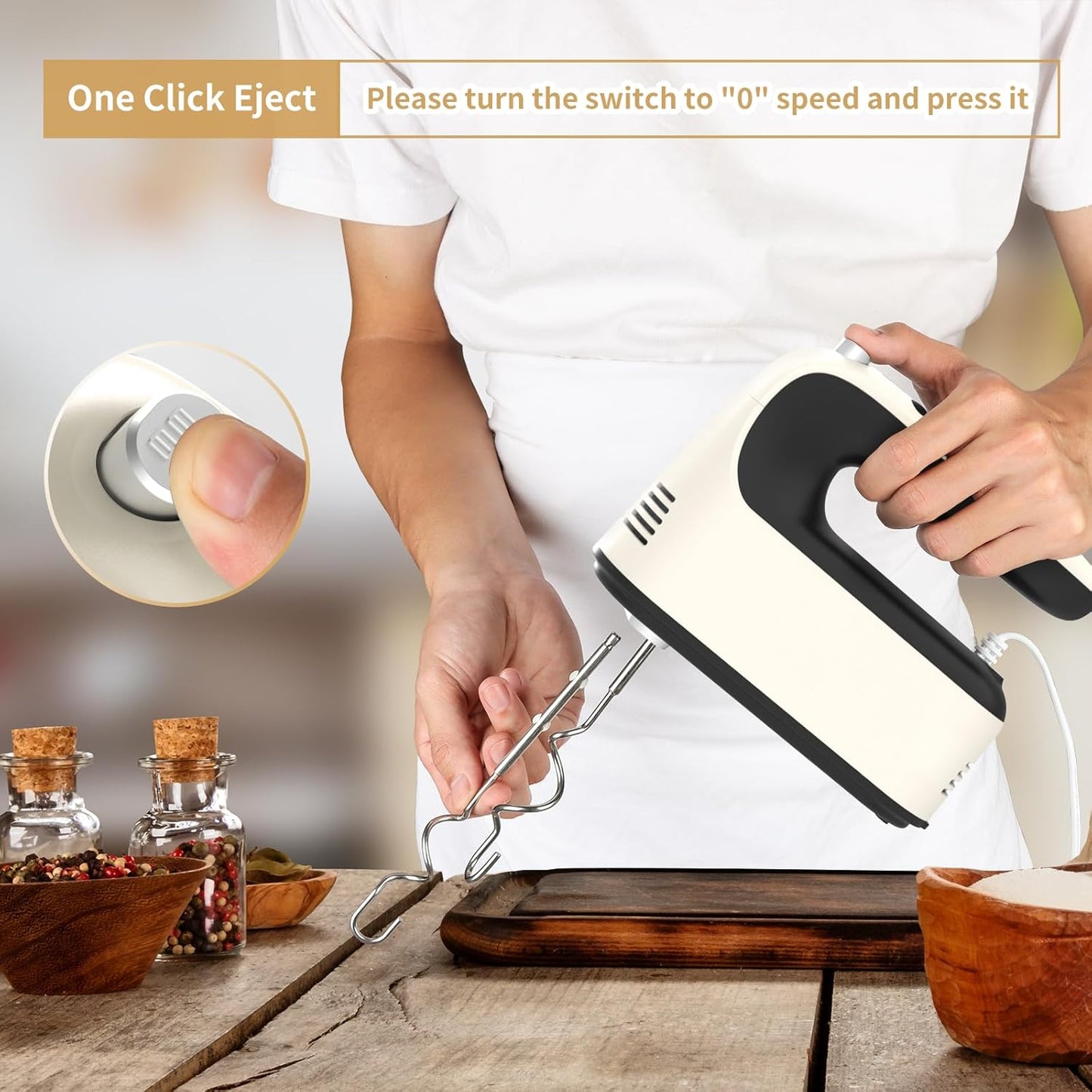 9-Speed Digital Hand Mixer Electric, 400W Powerful DC Motor, Baking Mixer Handheld with Snap-On Storage Case, 5 Stainless Steel Accessories, Flat Beaters, Dough Hooks, Whisk (Creamy&Black)