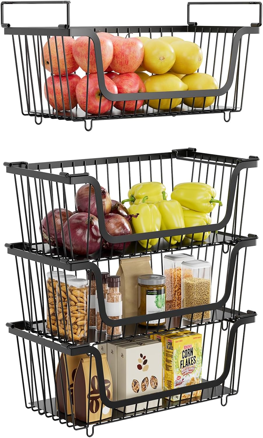 4 Pcs Stackable Wire Baskets for Pantry Organizers and Storage,Kitchen Storage Metal Baskets,Produce Potato Onion Storage Bin,Vegetable Fruit Basket for Countertop,Black
