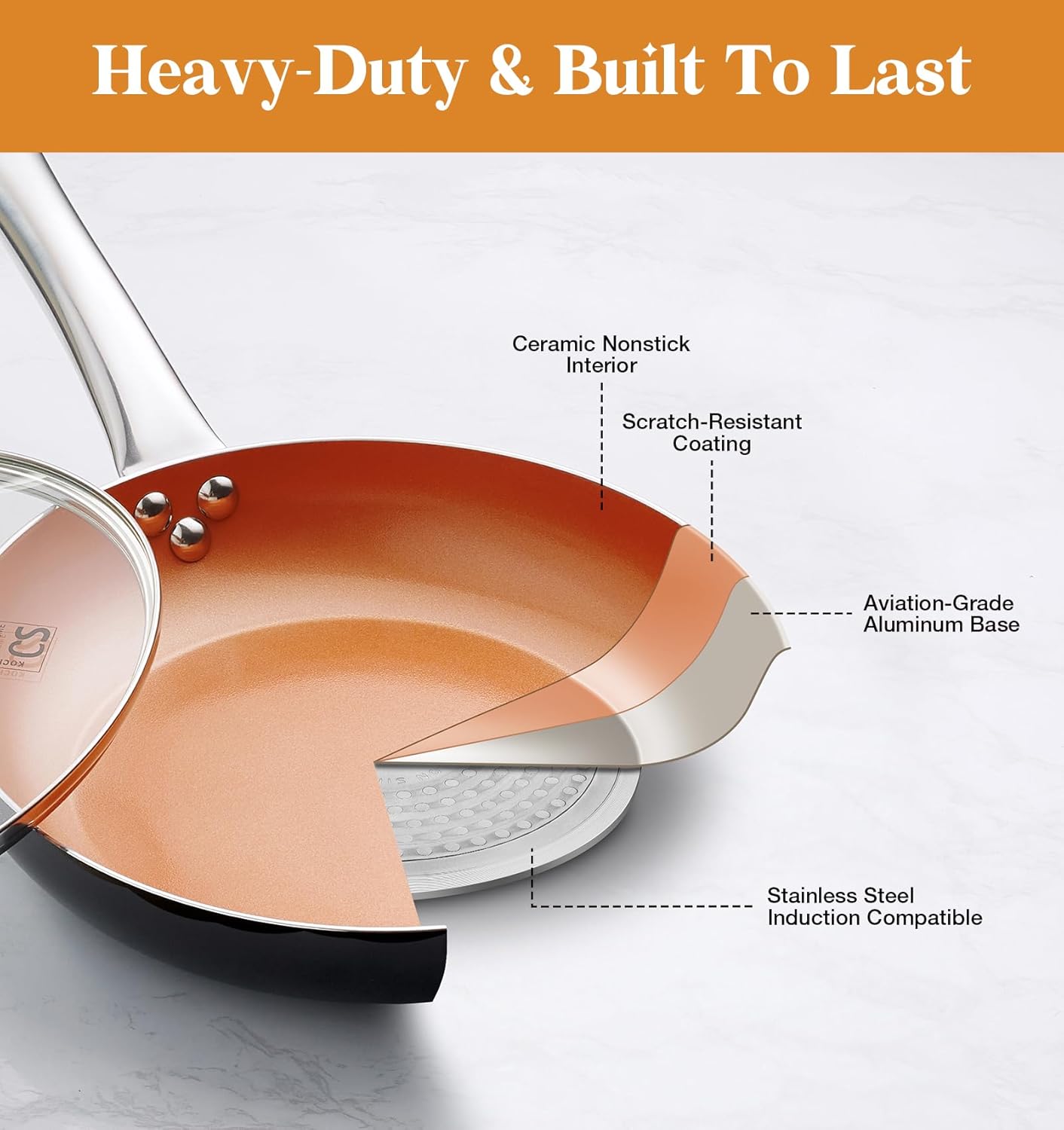 KOCH SYSTEME CS 10in Copper Nonstick Frying Pans with Lids and Titanium Ceramic Interior,100% PFOA-Free Saute Pan/Skillet for All Stove Tops,Stainless Handle,Omelet Pan Cookware