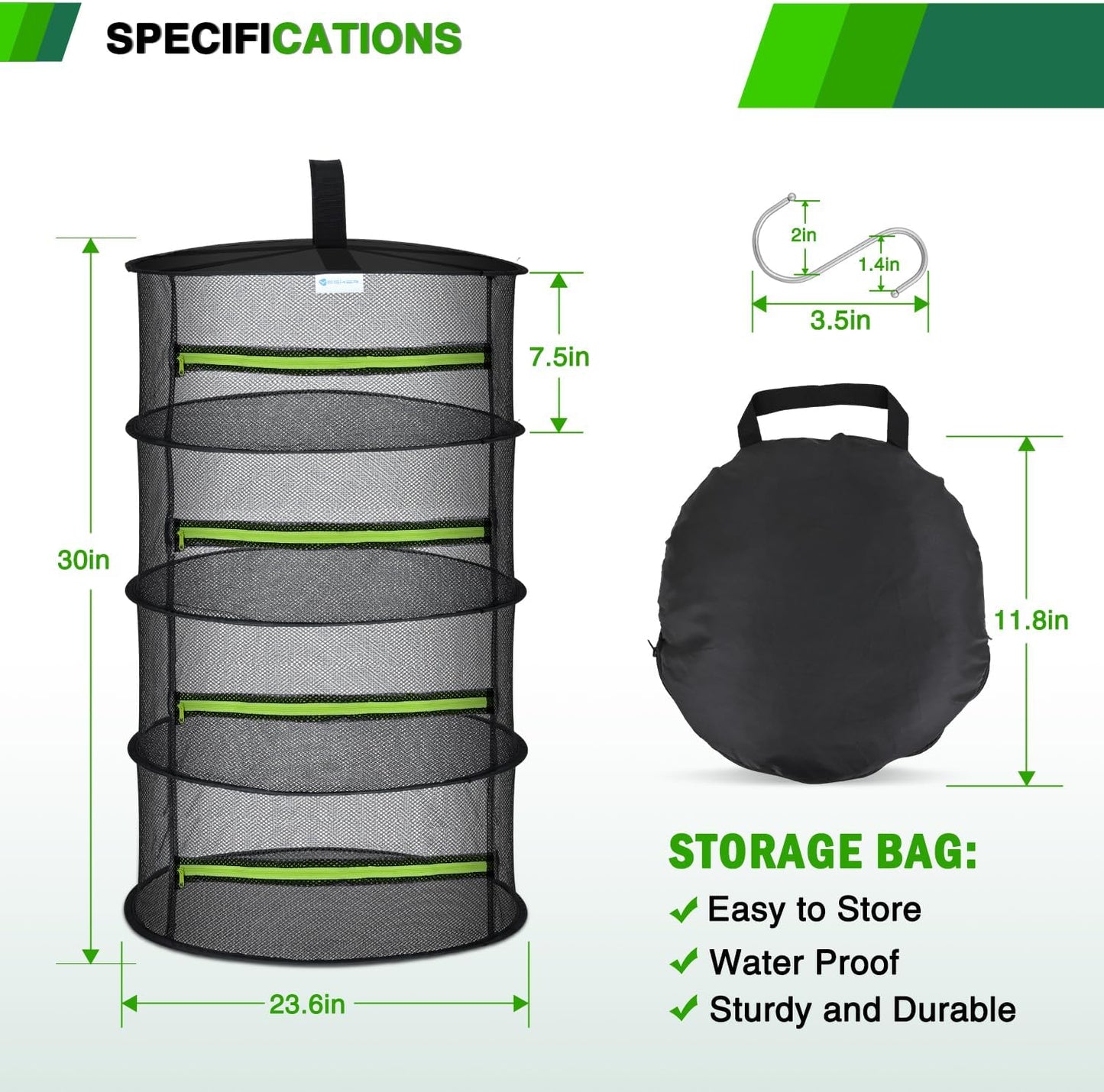 Yesker 4 Layer Herb Drying Rack Hanging Mesh Net Foldable Plant Drying Racks 24" Diameter with Green Zipper & Hook Dryer Hanging Rack for Herbs Seed Bud Fruit Clothes Grow Tent Closets Garden Outdoor