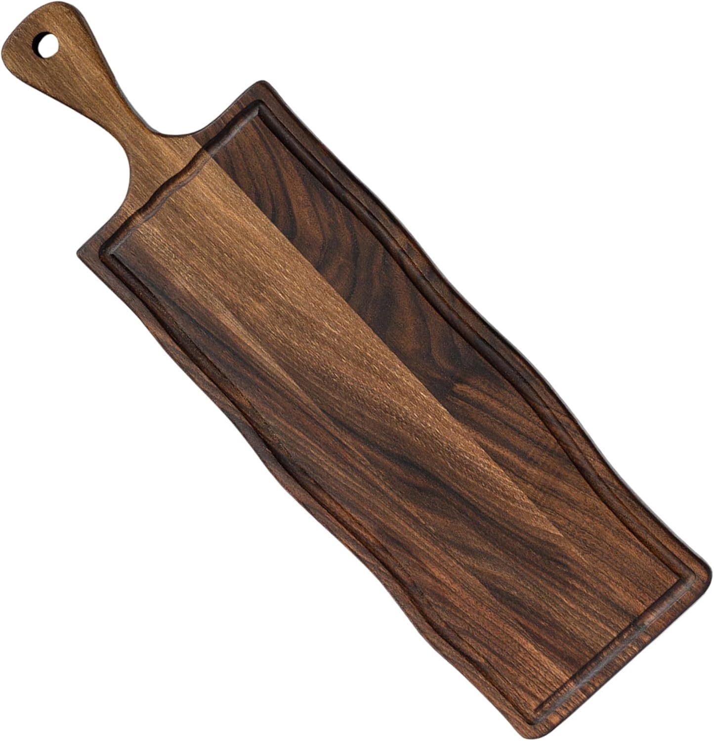 Elegant Walnut Wood Long Serving Board with Handle - Charcuterie Wooden Board - Stylish Versatility for Culinary Delights - Reversible with Juice Groove - 35.4x6.7x0.8 in - Woodie Poppins (Large)