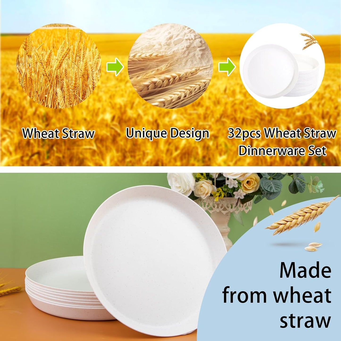 18pcs White Wheat Straw Dinner Plates - Lightweight, Unbreakable, Premium Reusable Plates for Family Dinner, School, Picnic