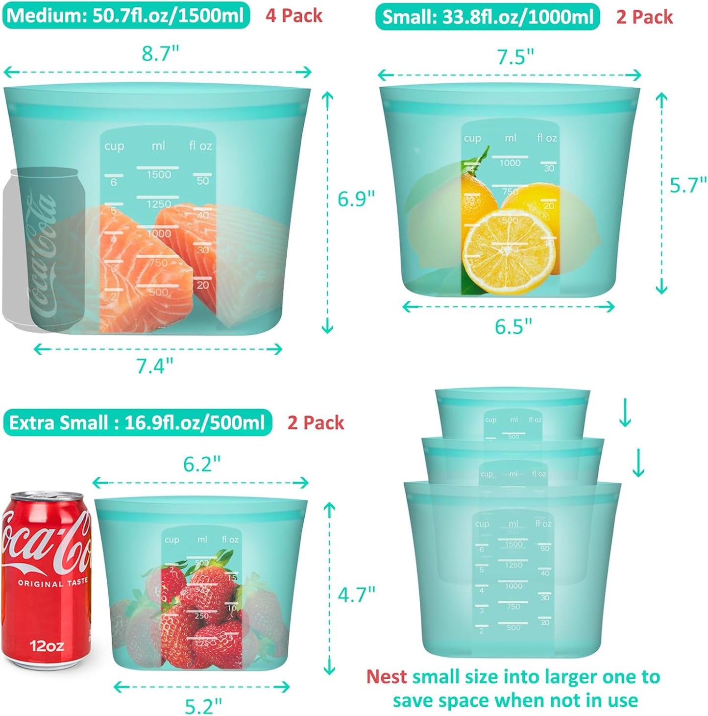 Reusable Food Bags, 8 Pack 100% Silicone Food Storage Bags Stand Up Zip Lock Container, Freezer Microwave Oven Dishwasher Safe, 4 Medium 2 Small 2 Extra Small, Aqua