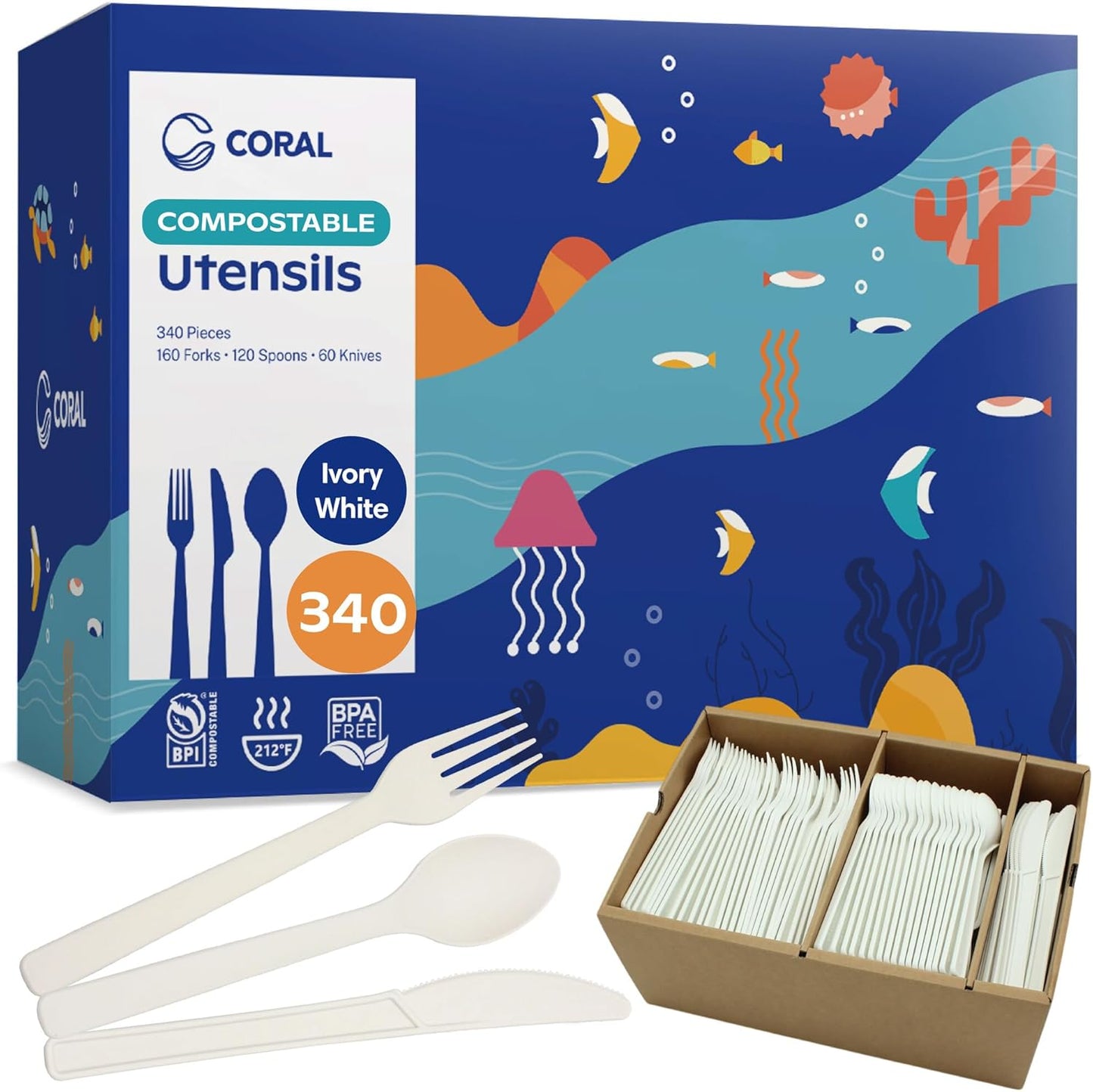 CORAL Ivory White 100% Compostable Silverware Set 340 Pieces - Heavy Duty 160 Forks, 120 Spoons, 60 Knives Bulk - Break Resistant with Smooth Edges, Ocean Friendly Alternative to Plastic Utensils