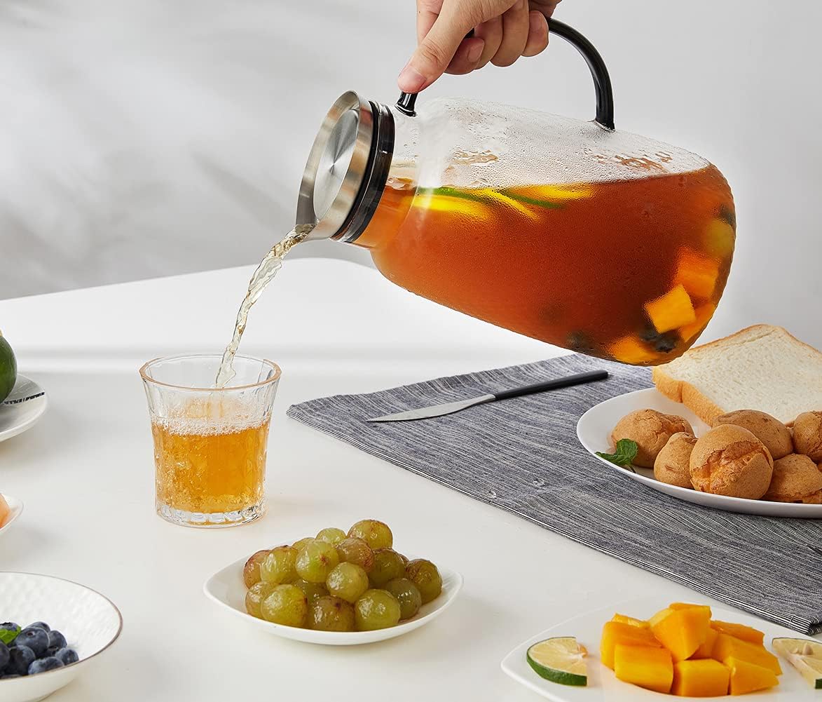 Purefold Pitcher with Lid, Glass Jug with Stainless Steel Lid for Hot and Cold Water, Fruit Tea, Coffee Maker, Ice Tea, Juice, Pineapple Series (Clear, 80 oz)