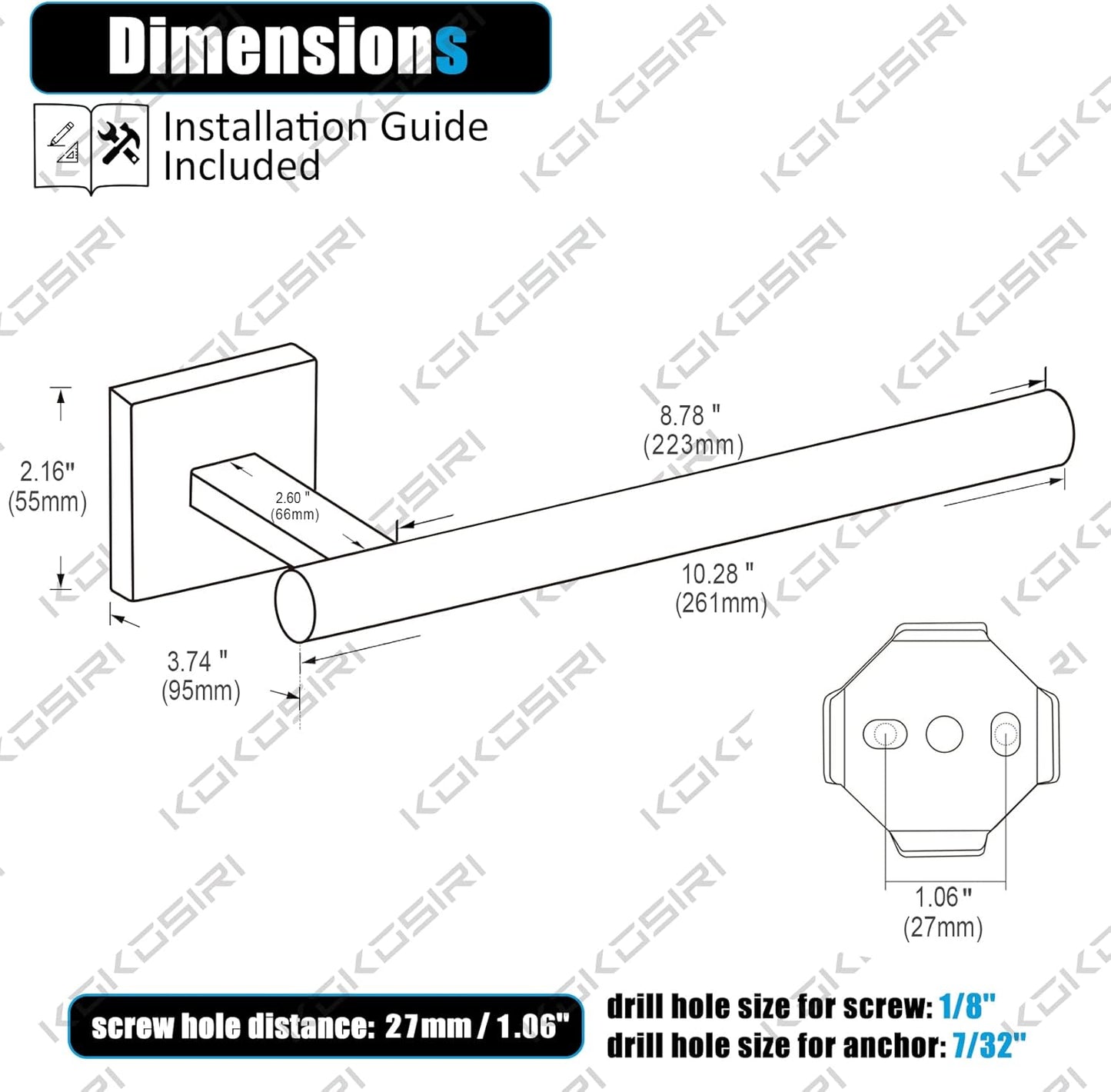 KOKOSIRI Towel Bar Matte Black Bathroom Hardware Hand Towel Rails, Suitable for Wall Mounted Towel Holder Screw in, Stainless Steel B3008BK