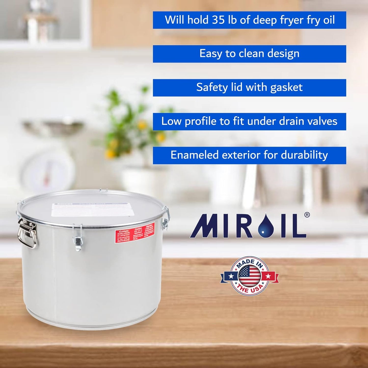 MirOil 7 Gal Grease Bucket & Oil Filter Pot, Made USA, Gasket Safety Lid with Lock Clips, Fryer Oil Capacity Up to 55 lbs. Low Profile To Fit Under Drain Valves, For Filtering of Hot Oil, 60L