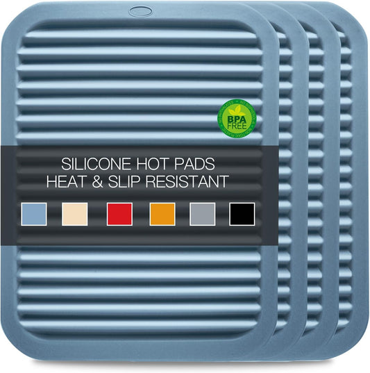 Large Silicone Trivet for Hot Dishes, 4PCS Hot Pads Trivets Mats for Hot Pots and Pans, Heat Resistant Silicone Hot Pot Holders, Blue Tables Mat for Countertop, Jar Opener, Drying Mat