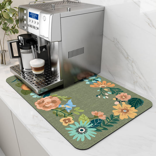 AMOAMI Coffee Mat - Hide Stain Rubber Backed Absorbent Dish Drying Mat for Kitchen Counter - Bar Accessories Fit Under Coffee Maker, Espresso Machine, Dish Rack - Floral Green 16x24