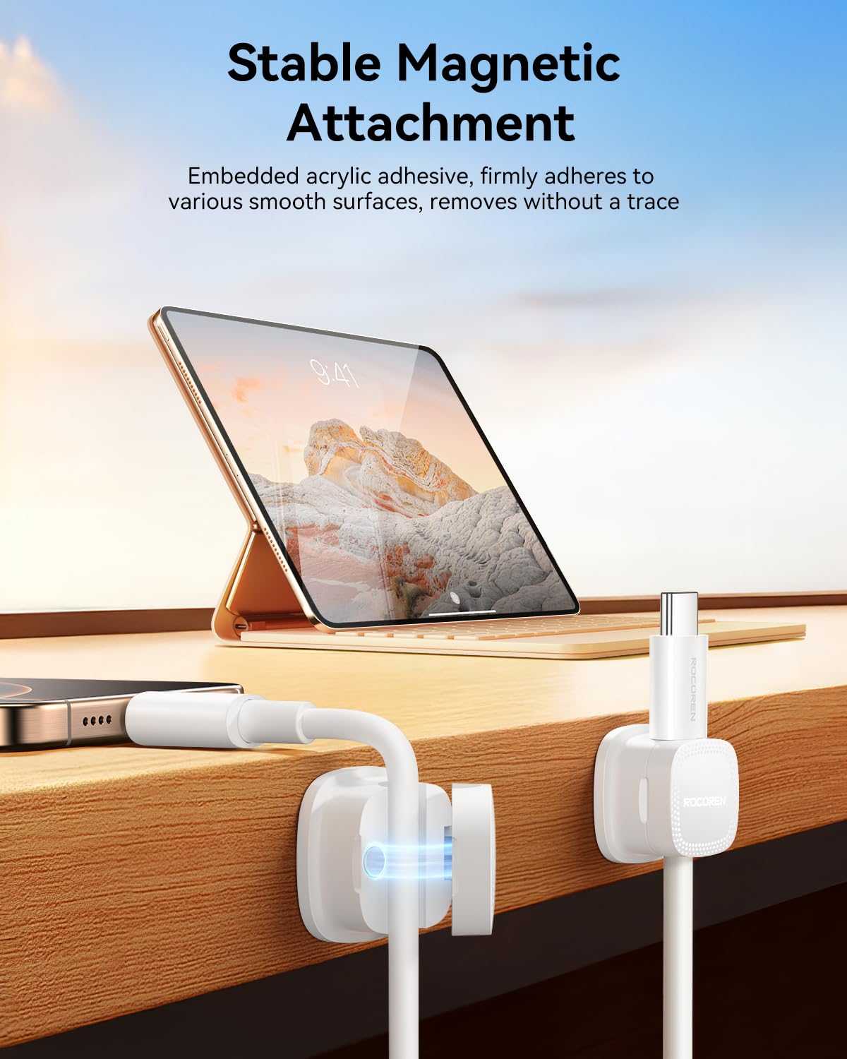 6-Pack Magnetic Cable Clips Cord Organizer-Cable Smooth Adjustable, Rocoren Desk Cable Management Accessories,Cable Holder Clips Wire Holder Keeper for Desktop,Nightstand,Home Office,Workspace,Phone