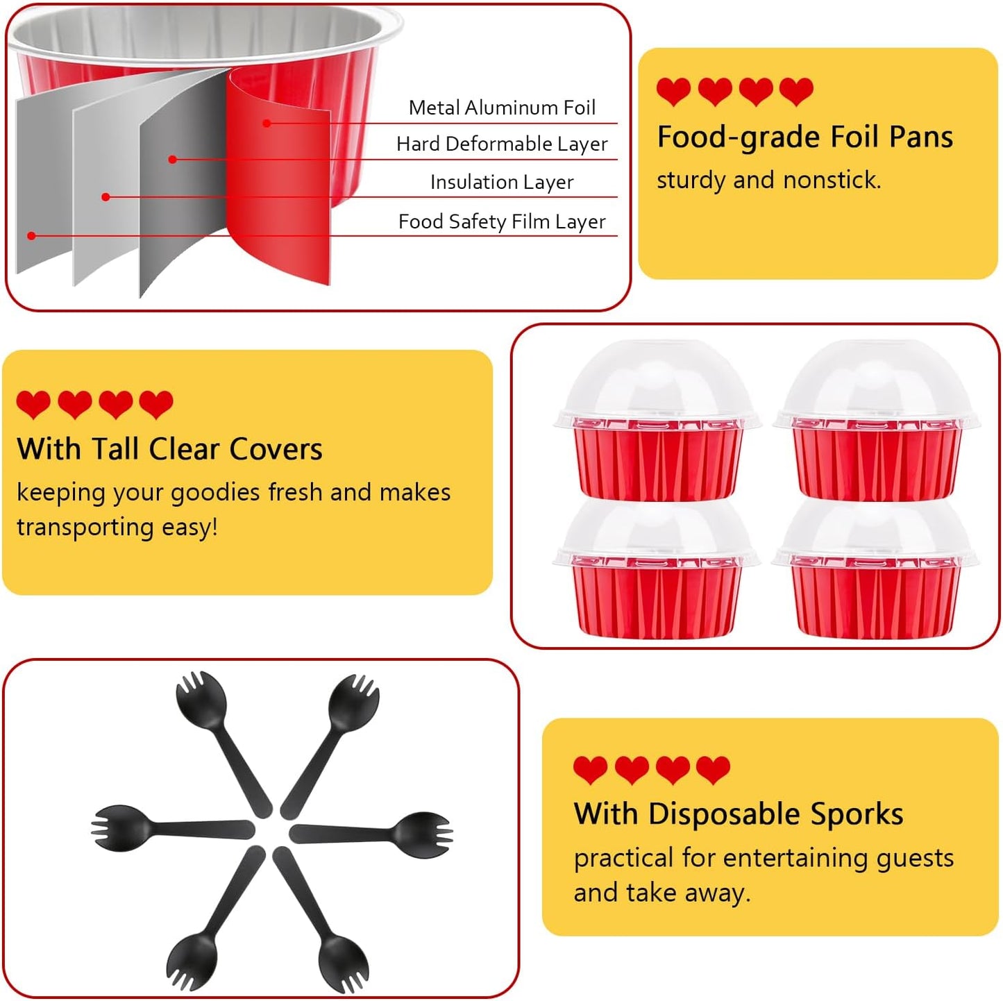 5oz Cupcake Pans Muffin Tins 100 Pack,LNYZQUS Aluminum Foil Mini Cake Baking Cups with Dome Lids,Disposable Ramekins Cupcake Liners,Small Cake Mini Pie Baking Pan for Christmas -Red