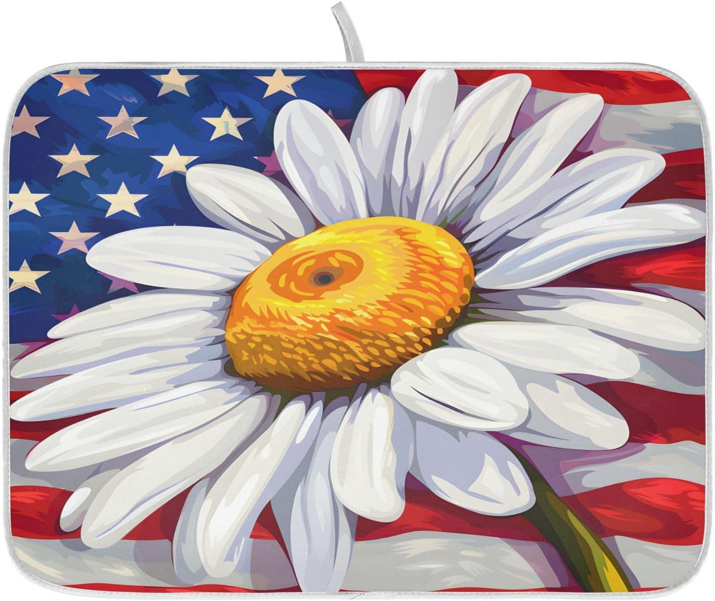 Daisy Flowers and American Flag Dish Drying Mat for Kitchen Counter Absorbent Microfiber Large Drying Pad Dish mats for Kitchen Countertops 18 x 24 Inch