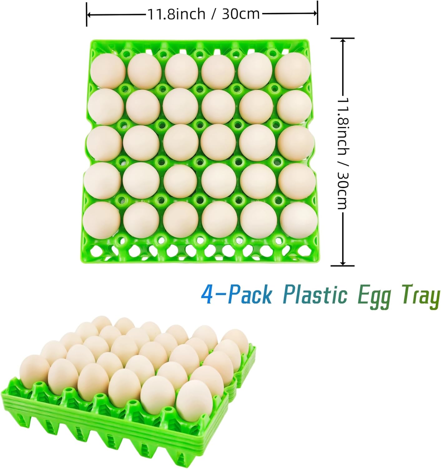 4-Pack Plastic Egg Tray Egg Crates, 30-Egg Flats, Stackable, Durable, Reusable, Green