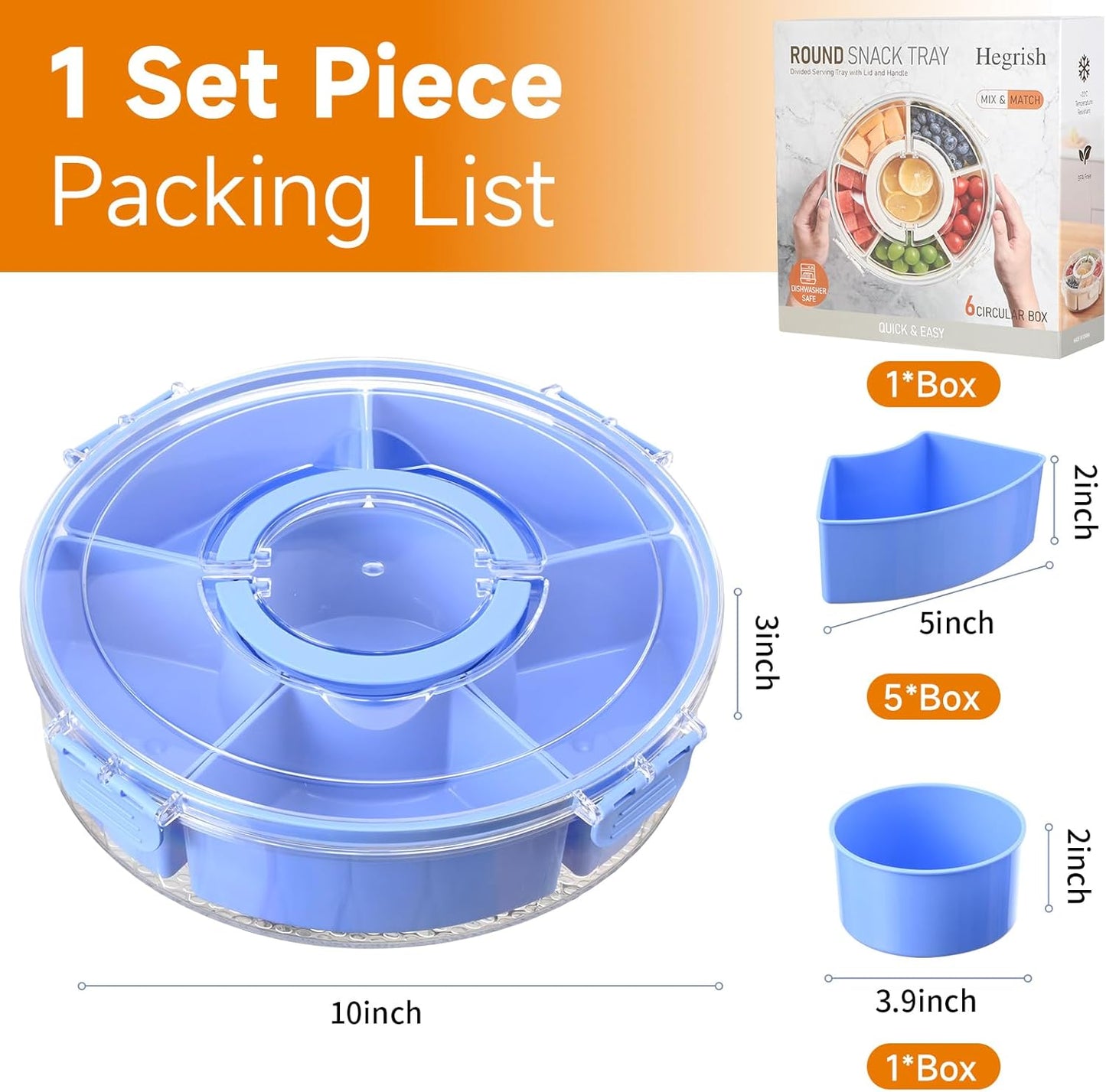Round Divided Serving Tray with Lid, Rotating Snack Container, Dishwasher Safe Food Organizer for Fruits, Candy, Nuts, Vegetables