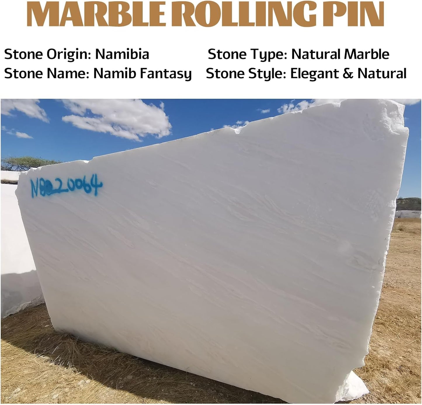 Koville African Natural Marble French Rolling Pin, 12inch Non-Stick Rolling Pin for Baking, Dough Roller for Pasta, Dumpling, Fondant, Pie, Bread, Pizza, Kitchen Baking Tools(Namib Fantasy)