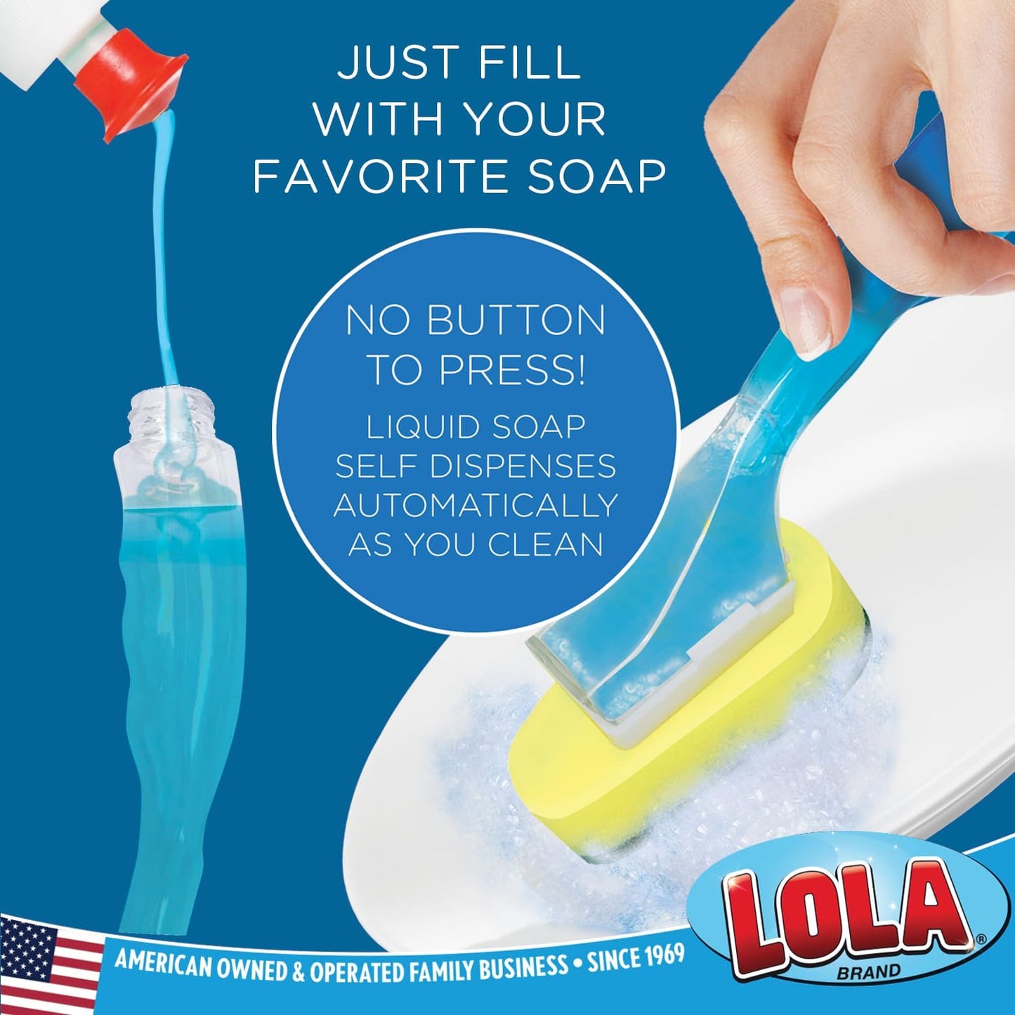 Lola Products Soap Dispenser Dish Brush Wand, Absorbent Sponge Scrubber, No Leaking. Clean Dishes, Sinks and Cookware, 1 Brush w/Head