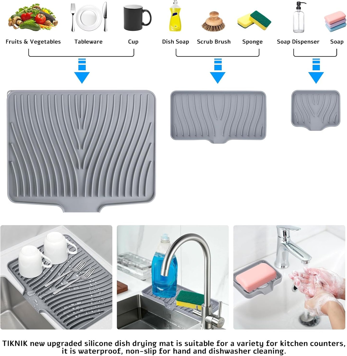 Silicone Dish Drying Mat for Kitchen Counter, Dish Drying Pad, Non-Slip Drain Pad with Built-in Drain, Heat Resistant Stone Drying Mat, 3 pcs (Grey)