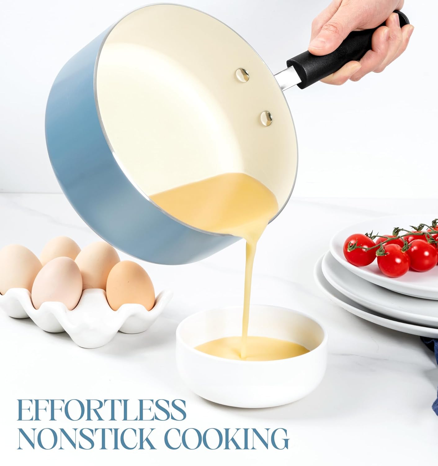 MICHELANGELO Nonstick Sauce Pan with Lid, Ceramic Saucepan Set, Non Toxic Small Saucepans Sets with Stay-Cool Handle, Induction Pots For Cooking, PTFE & PFOA Free - 1Qt & 2Qt & 3Qt, Blue