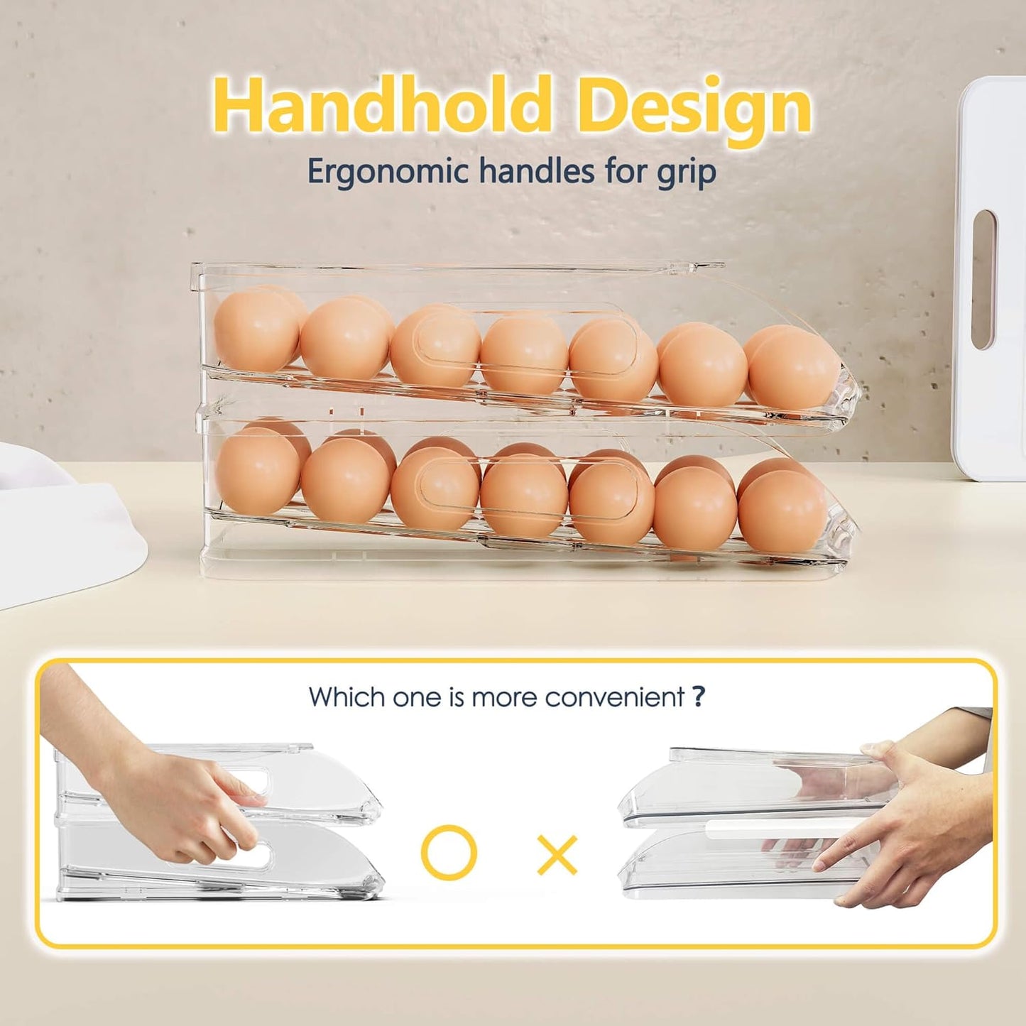 Egg Holder for Fridge, Automatic Steady Rolling Egg Container with Soft Bumpers & Handle for Refrigerator, Stackable Fridge Organizers and Storage with Lid