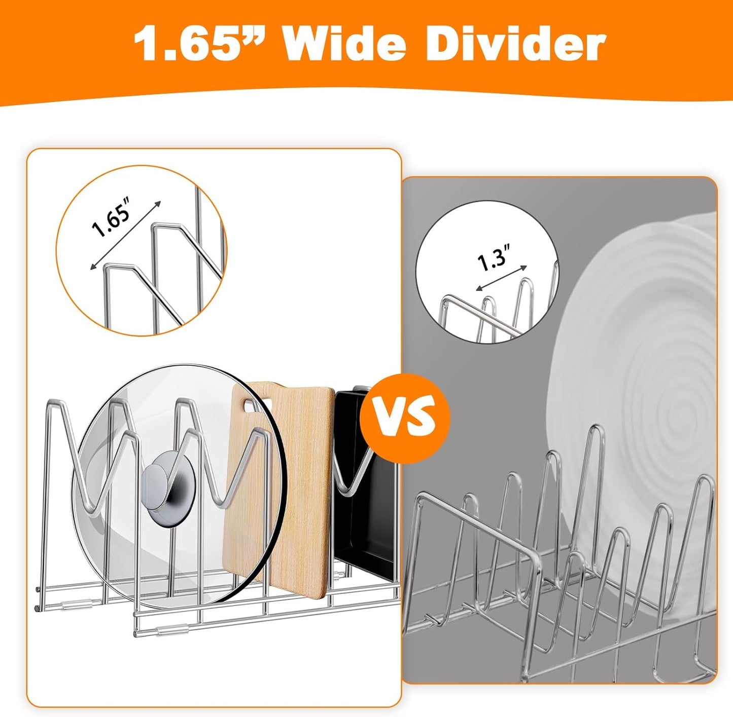 3 Pack Pot Lid Organizer for Cabinet, Stainless Steel Pot Lid Holder with Anti-slip Silicone Mat, Lid Rack for Pans Pots, Bakeware, Plates, Cookie Sheets, Trays, Cutting Boards, Silver