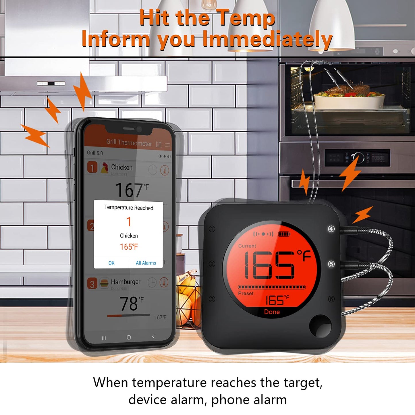 BFOUR Wireless Grill Thermometer, Bluetooth Meat Thermometer, Digital BBQ Meat Thermometer for Grilling Smoker Oven, Smart APP Alarm Monitor Instant Read with 4 Stainless Steel Probes