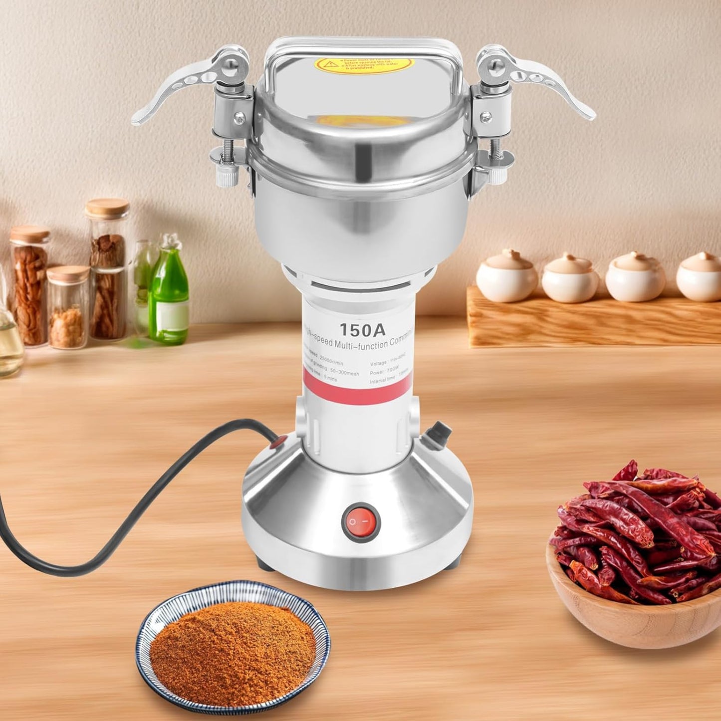 Electric Grain Mill Grinder, 150g/0.33lbs High-speed 28000r/min Food Grinder, 110V 850W Countertop Grain Mill for Dry Spice Herbs Grains Coffee Rice Pepper (150g)