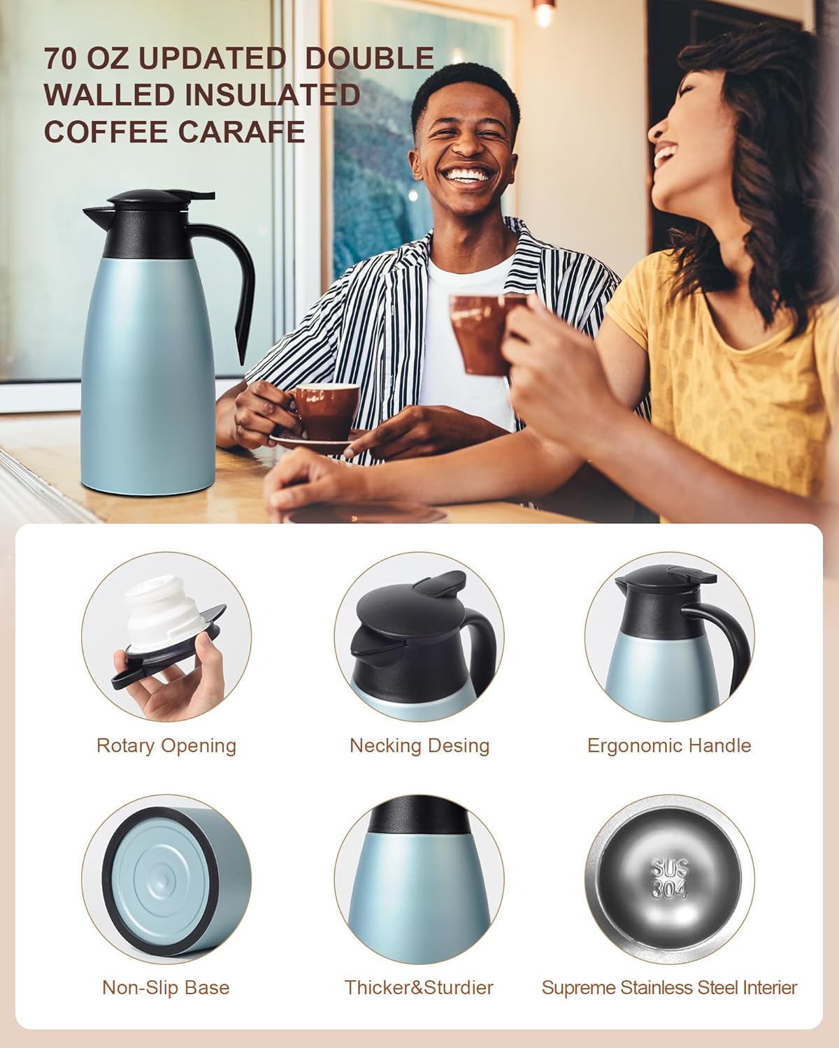 70 OZ Updated Thermal Coffee Carafe for keeping hot, 2 PCS Carafes for hot liquid, Insulated Coffee Carafe Stainless Steel Vacuum Thermal Pot for Coffee, Hot Water,Keep Hot 12 Hours (Blue+Blue)