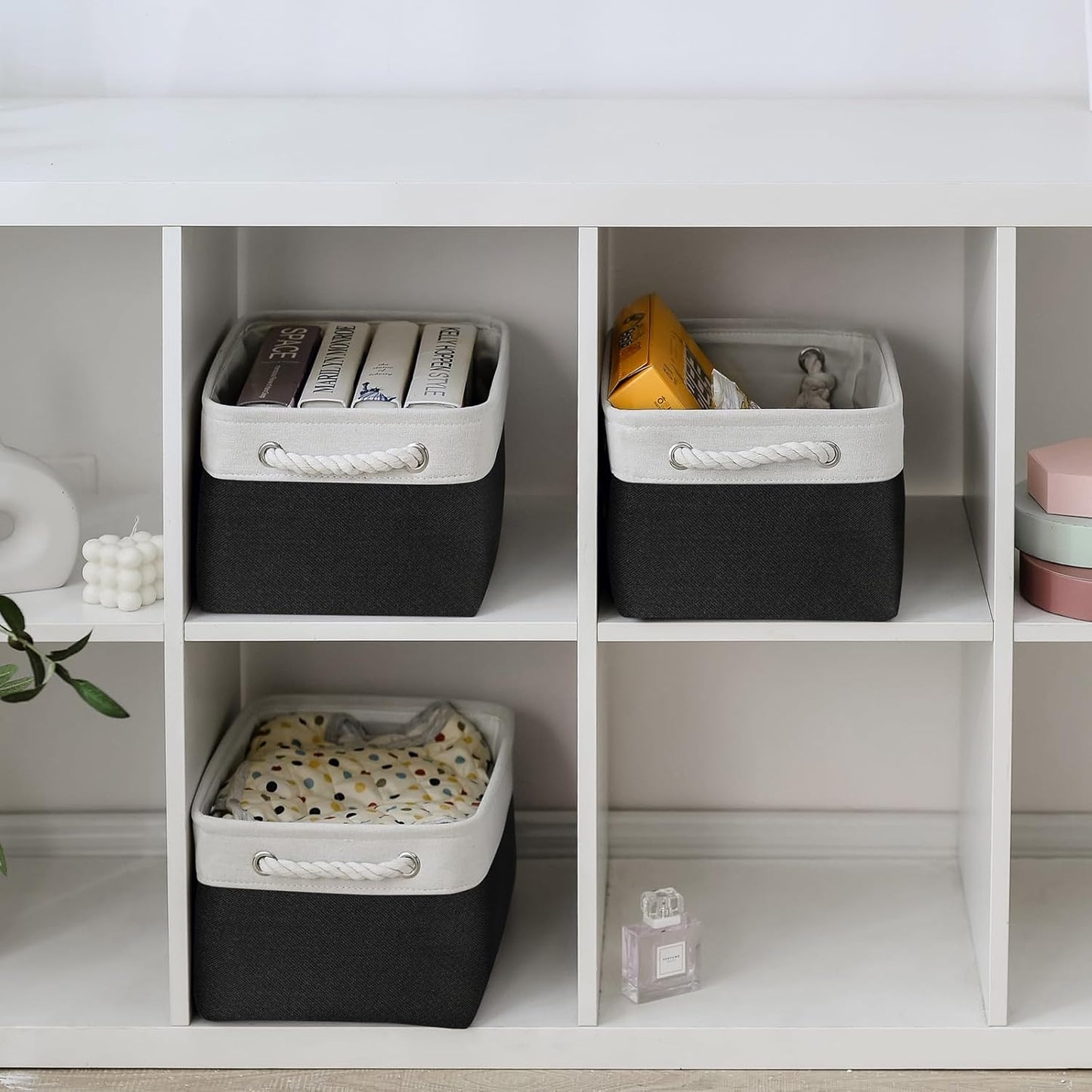 TheWarmHome Storage Basket for Organizing - 3 Pack 13.8x9.8x6.7 inch Medium Collapsible Storage Bin for Shelves with Handles Organizer Closet Cubes Cloth Gift Toy (White & Black)