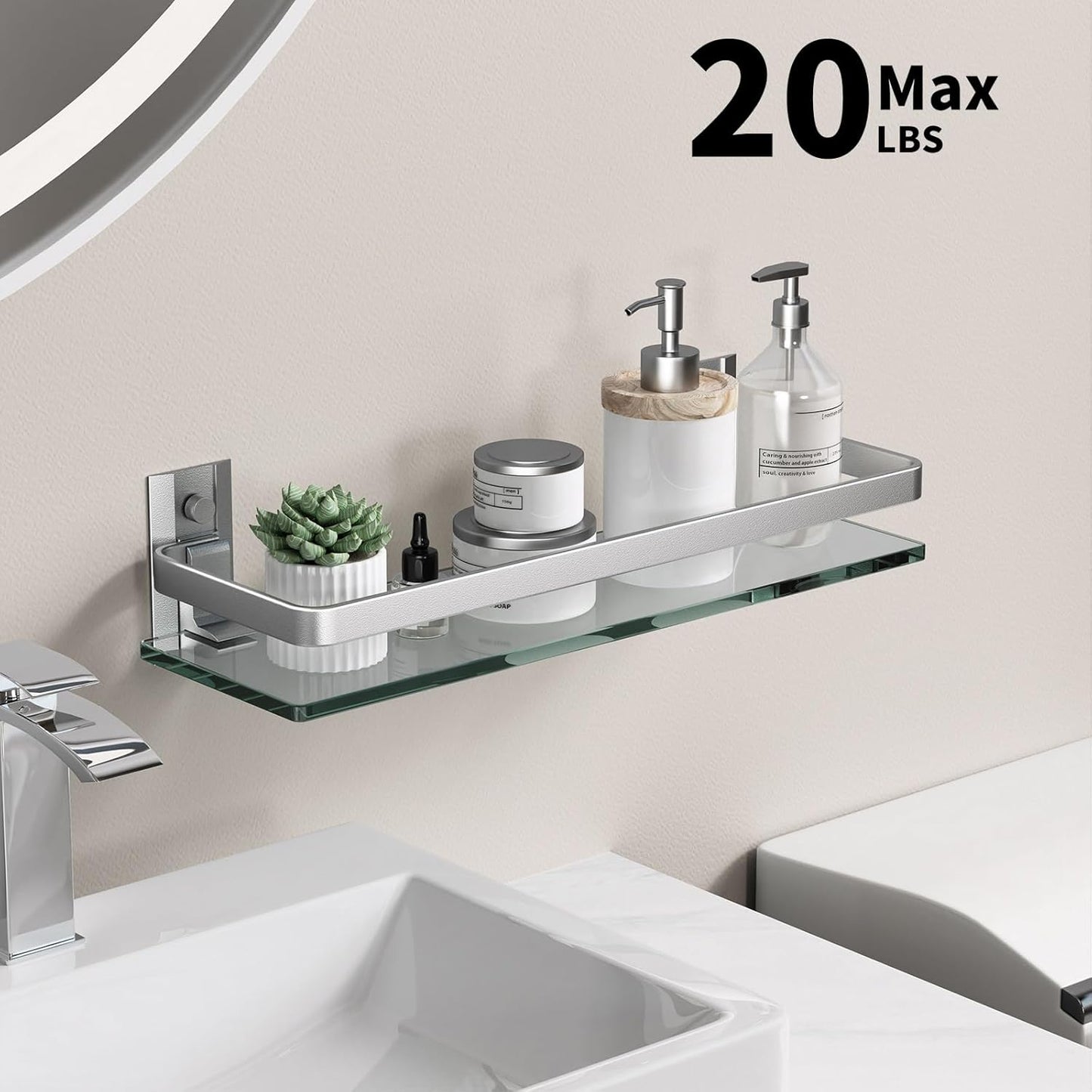 Danpoo Clear Tempered Glass Wall Shelf, Wall-Mounted Organizer for Bathroom, Kitchen(Matte Silver)