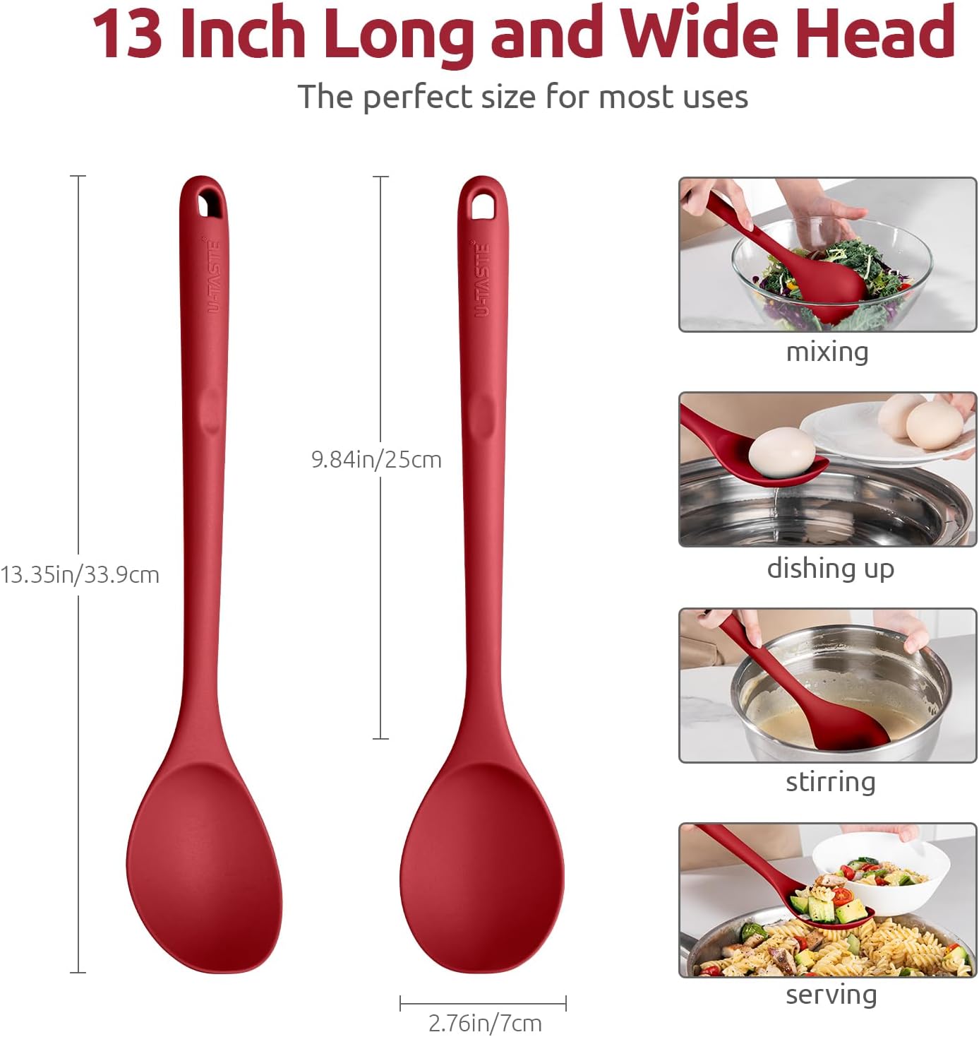 600ºF Heat Resistant Silicone Spoon: U-Taste 13.3in Solid Kitchen Cooking Spoon, Nonstick Food Grade Large & Long Soup Rubber Utensil for Mixing, Serving, Stirring, Basting, for Pot Cookware (Red)
