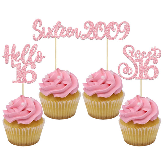 Gyufise 24Pcs Happy 16th Birthday Cupcake Toppers Glitter Hello 16 Sweet 16 Sixteen Years Old Cupcake Picks for Celebrating 16th Birthday Anniversary Party Cake Decorations Supplies Pink